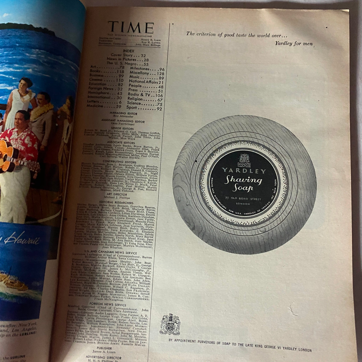 Inside page of VTG Time Magazine May 11, 1953, displaying the index and an advertisement for Yardley shaving soap, reflecting the era's style.
