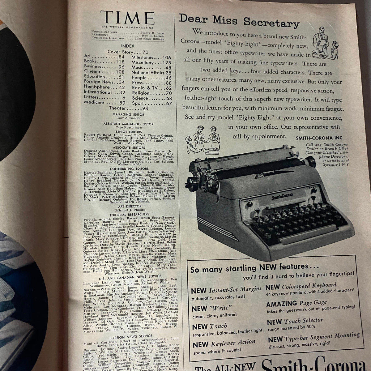 Interior page from VTG Time Magazine December 14, 1953, showcasing a typewriter advertisement and the magazine's editorial staff index.