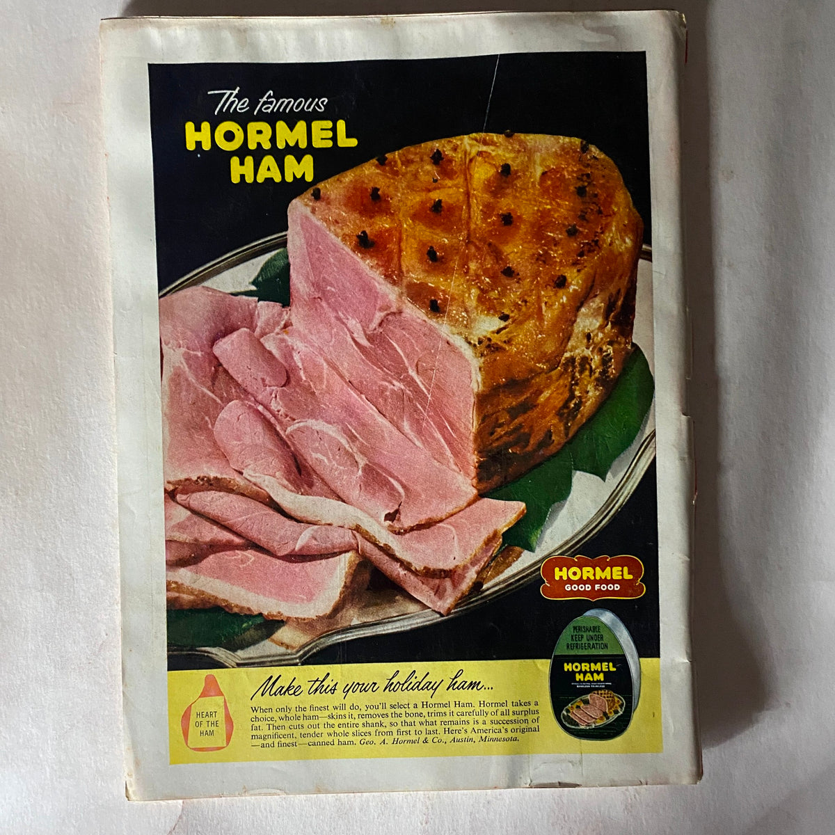 Cover of VTG Time Magazine December 7, 1953 with a bright advertisement for Hormel Ham, displaying a beautifully presented ham and inviting consumers for holiday selections.
