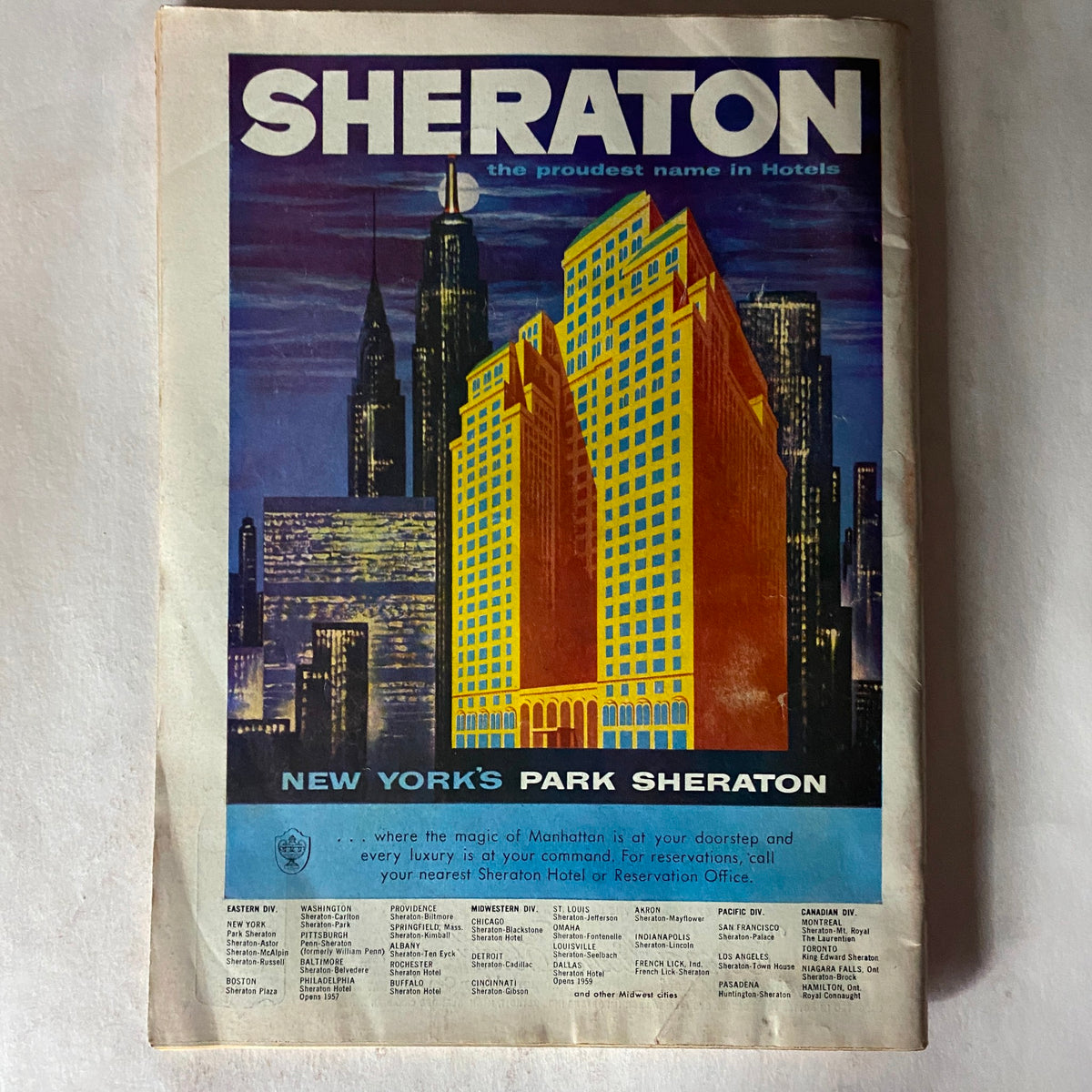 Back cover of VTG Time Magazine October 8, 1956, featuring an advertisement for Park Sheraton Hotel in New York, emphasizing luxury accommodations.