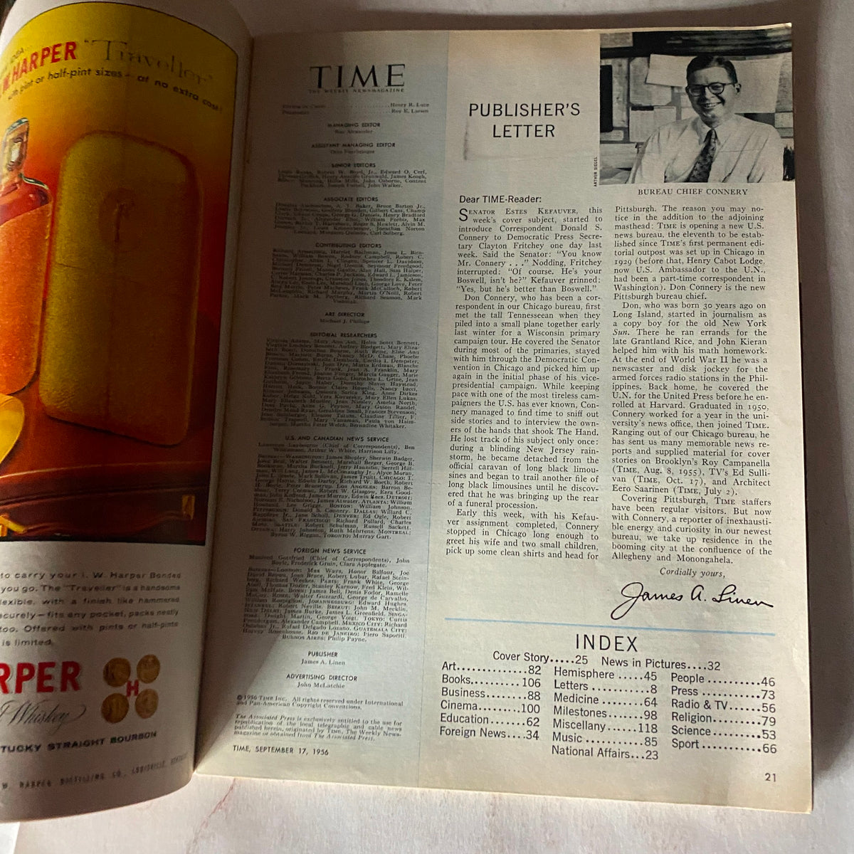 Interior page from the September 17, 1956 issue of Time Magazine, including the publisher's letter and the magazine's index.