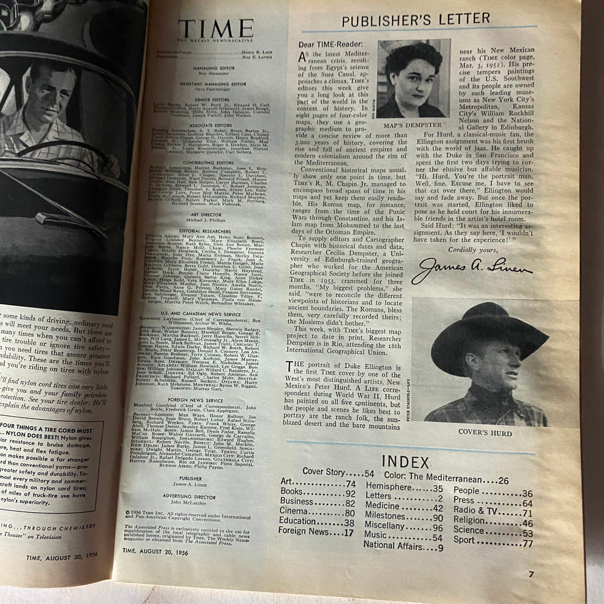 Page from VTG Time Magazine August 20, 1956, featuring articles and the publisher's letter, significant for jazz history with Duke Ellington on the cover.
