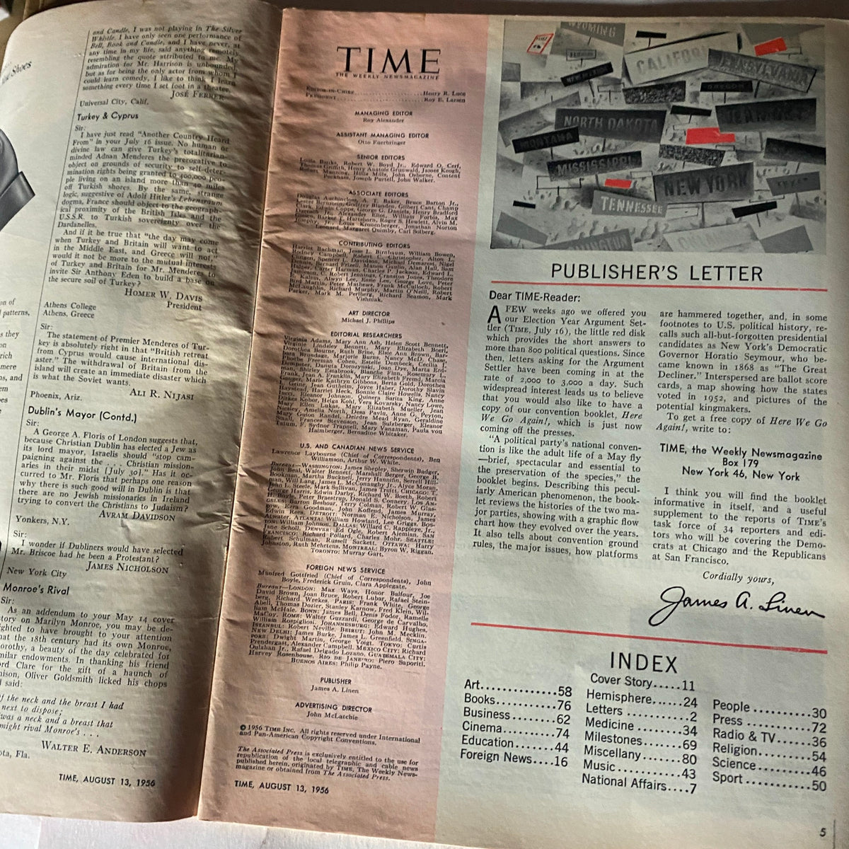 Inside page of VTG Time Magazine August 13, 1956 displaying the publisher's letter and index.
