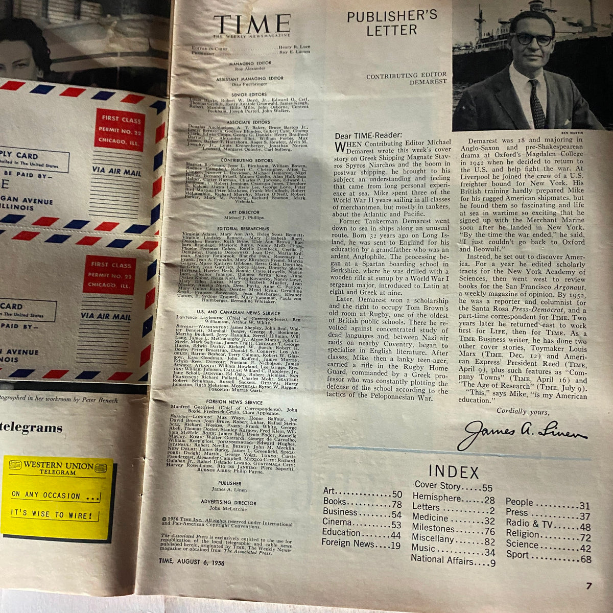 Inside page of VTG Time Magazine August 6, 1956, showcasing the publisher's letter and table of contents, revealing notable articles and editorial details from that issue.