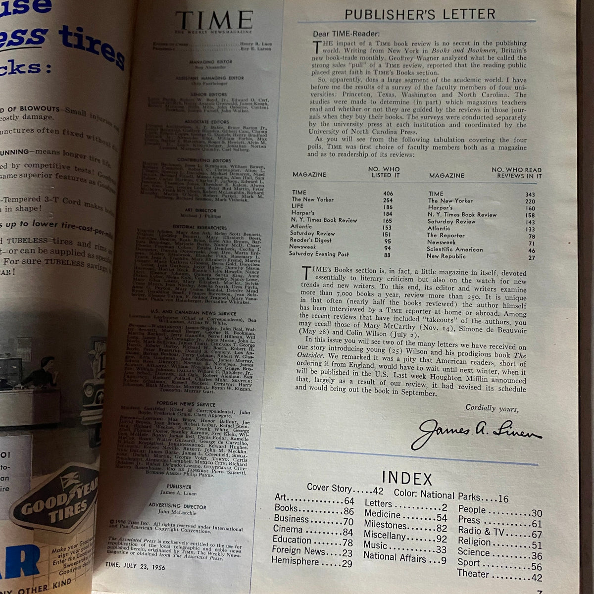 Inside page of July 23, 1956 Vintage Time Magazine, displaying publisher's letter and magazine index.