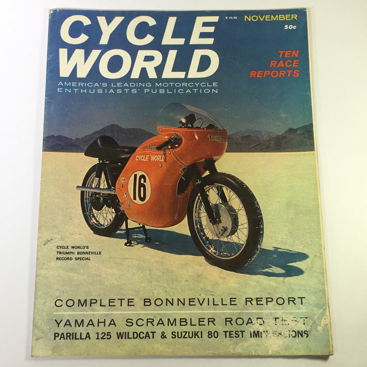 Cover of VTG Cycle World Magazine November 1963 featuring a vintage motorcycle and the title 'Cycle World'. Highlights include Yamaha Scrambler road test and Parilla 125 report.