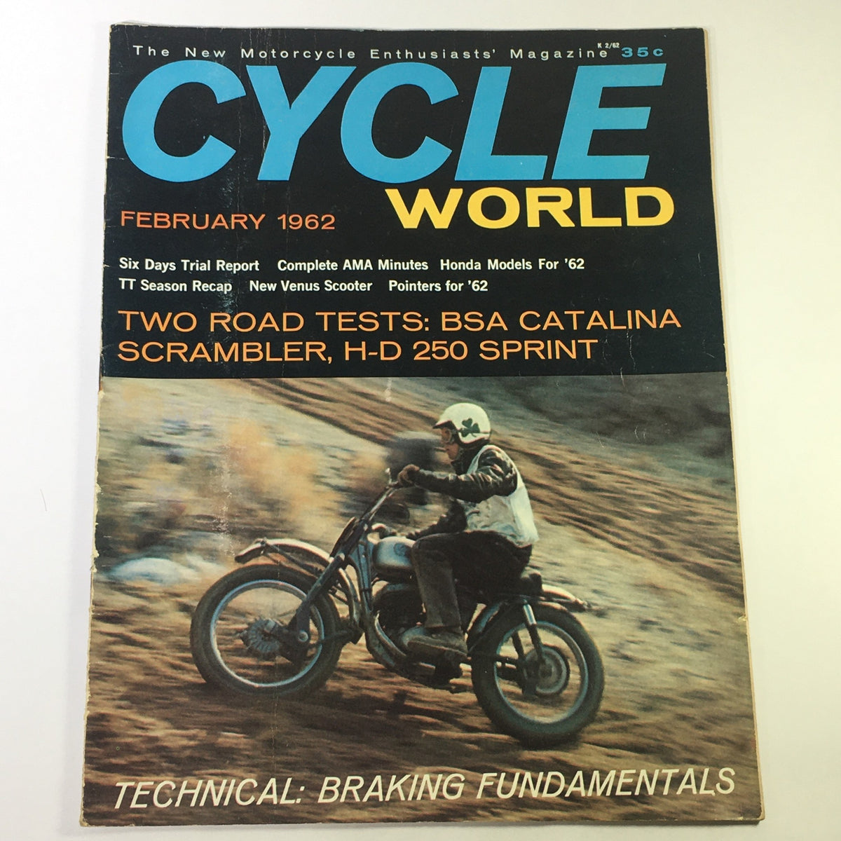 Cover of VTG Cycle World Magazine February 1962 featuring BSA Catalina Scrambler and H-D 150 Sprint, showcasing the motorcycle culture of the 1960s.