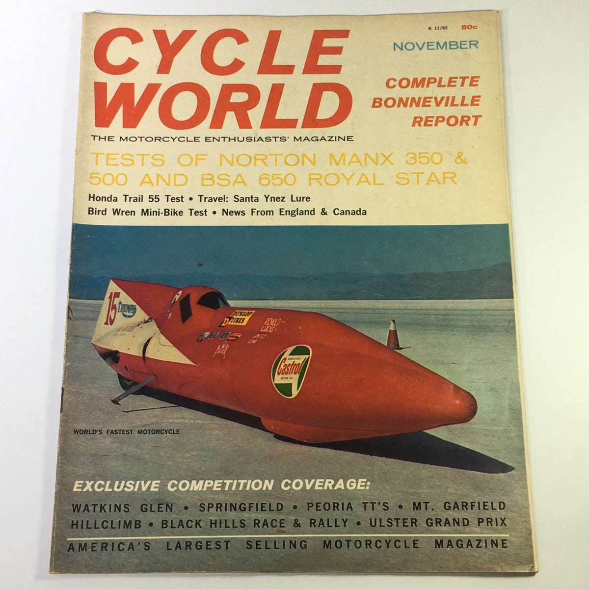 Cover of VTG Cycle World Magazine November 1962 featuring tests of Norton Manx 350 & 500 and BSA 650, showcasing a vintage motorcycle on the Bonneville Salt Flats.