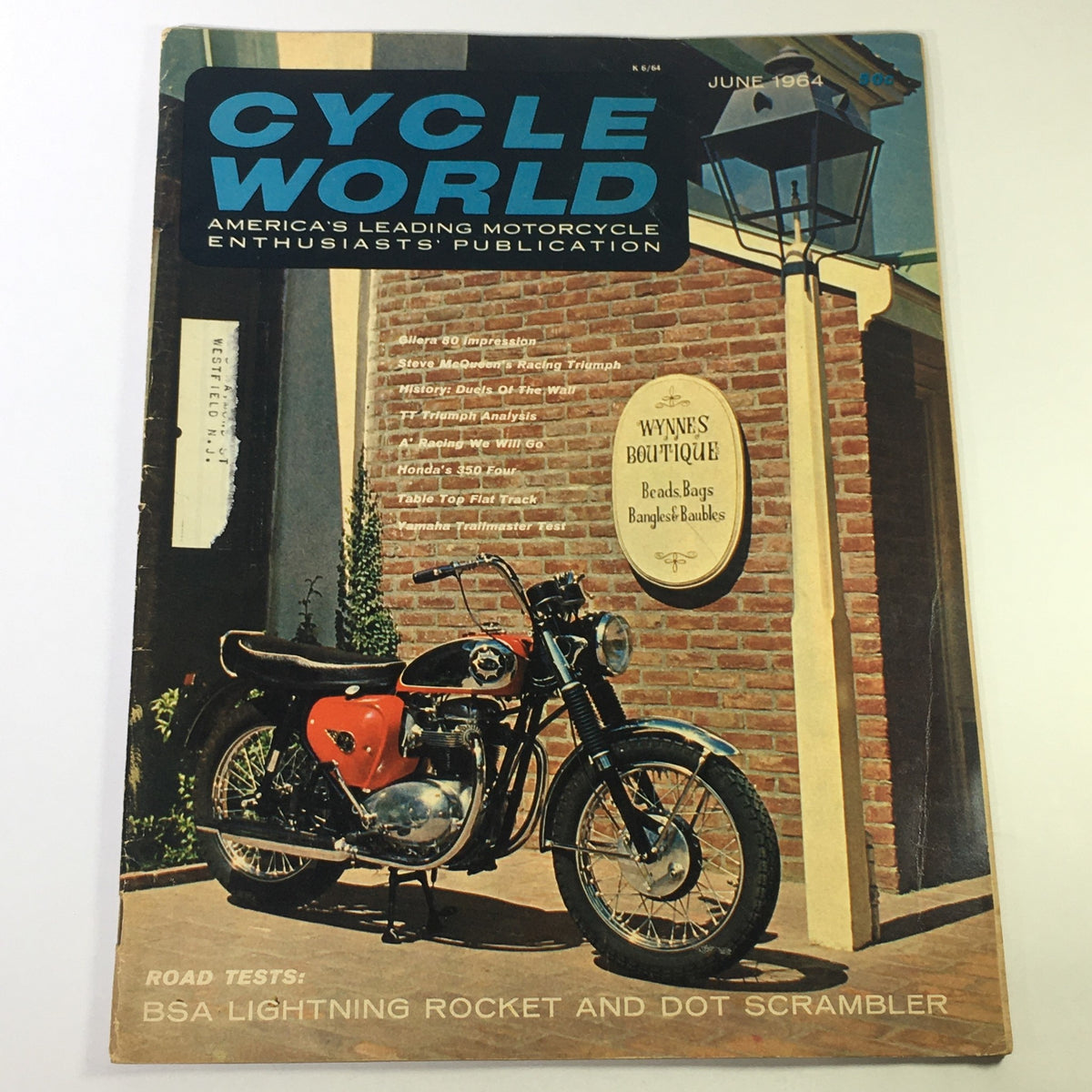 Cover of Cycle World Magazine, June 1964, featuring BSA Lightning Rocket and Dot Scrambler road tests, showcasing vintage motorcycle culture and design.