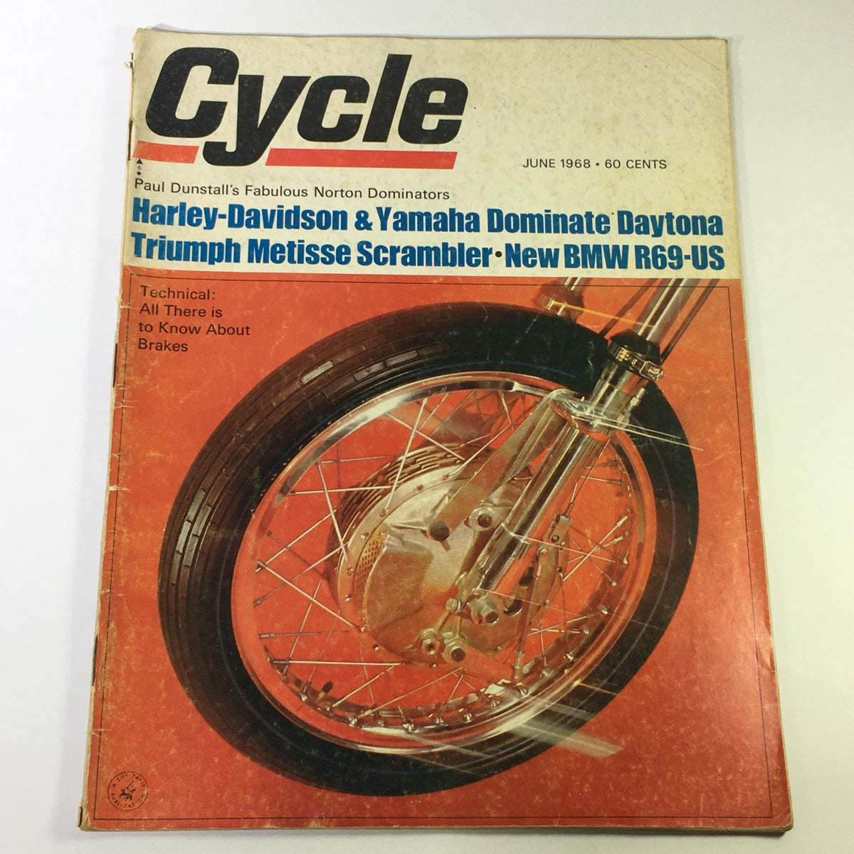 Cover of VTG Cycle Magazine June 1968 featuring Paul Dunstall's Fabulous Norton Dominators. The cover displays a motorcycle wheel with detailed spokes and tire, alongside headlines about Harley-Davidson and Yamaha.