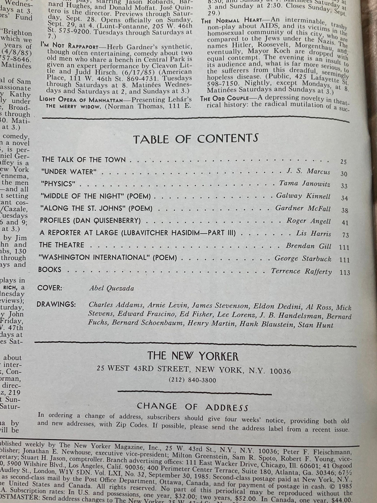 Table of contents page from The New Yorker magazine, September 30, 1985, highlighting articles, poems, and drawings, with the cover art attributed to Abel Quezada.