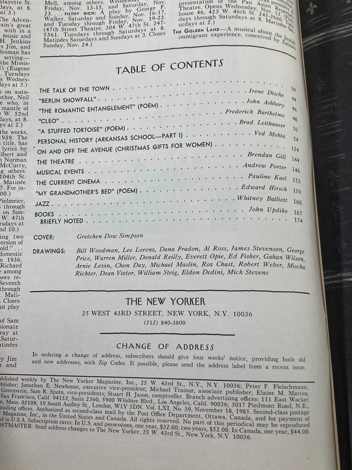 Table of Contents from The New Yorker Full Magazine November 18, 1985, detailing featured articles and poems including contributions by various authors and illustrations.