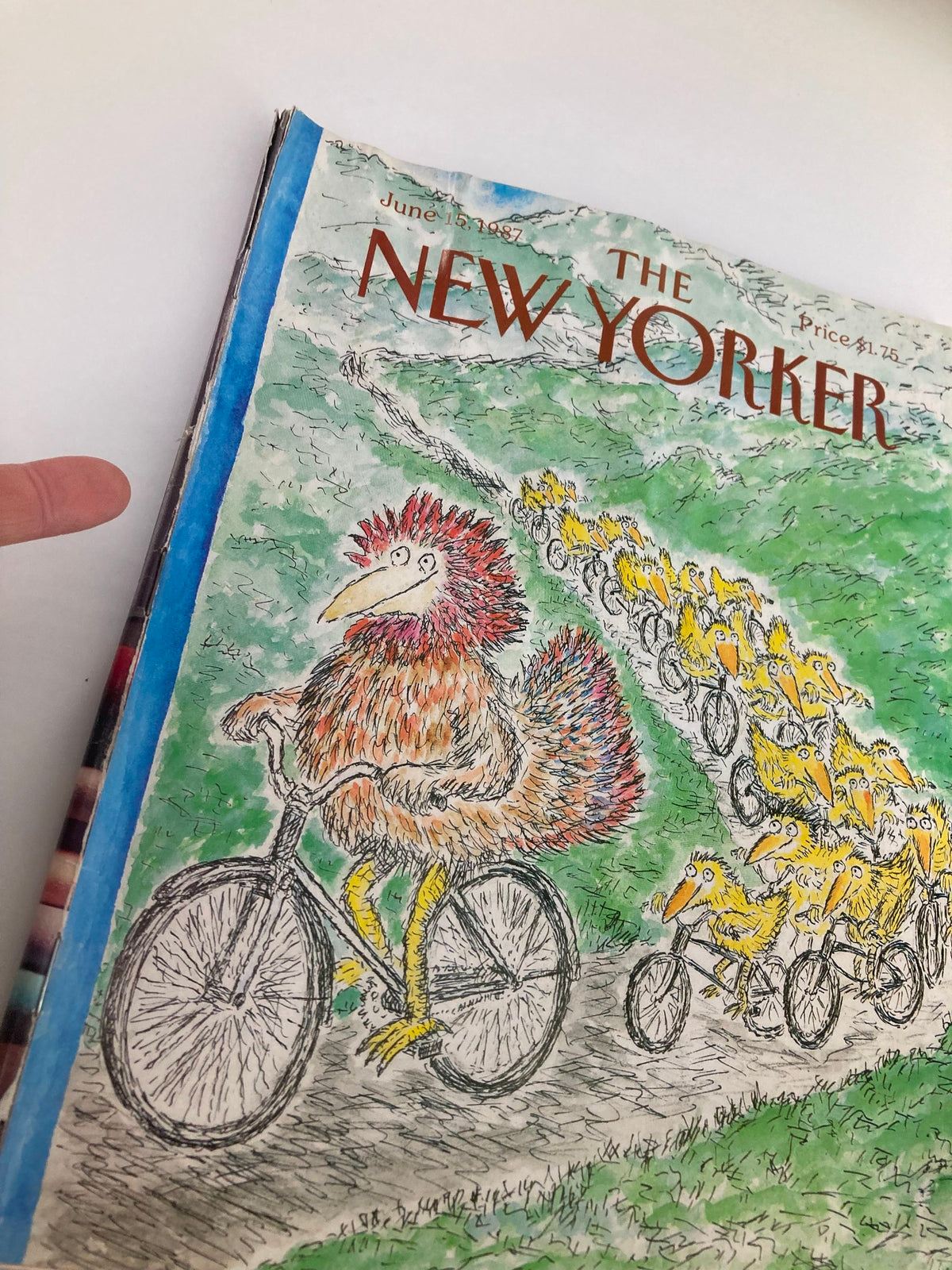 Close-up of the cover of The New Yorker Full Magazine June 15 1987, highlighting the illustration by Edward Koren of a chicken with red feathers leading yellow chicks on bicycles.