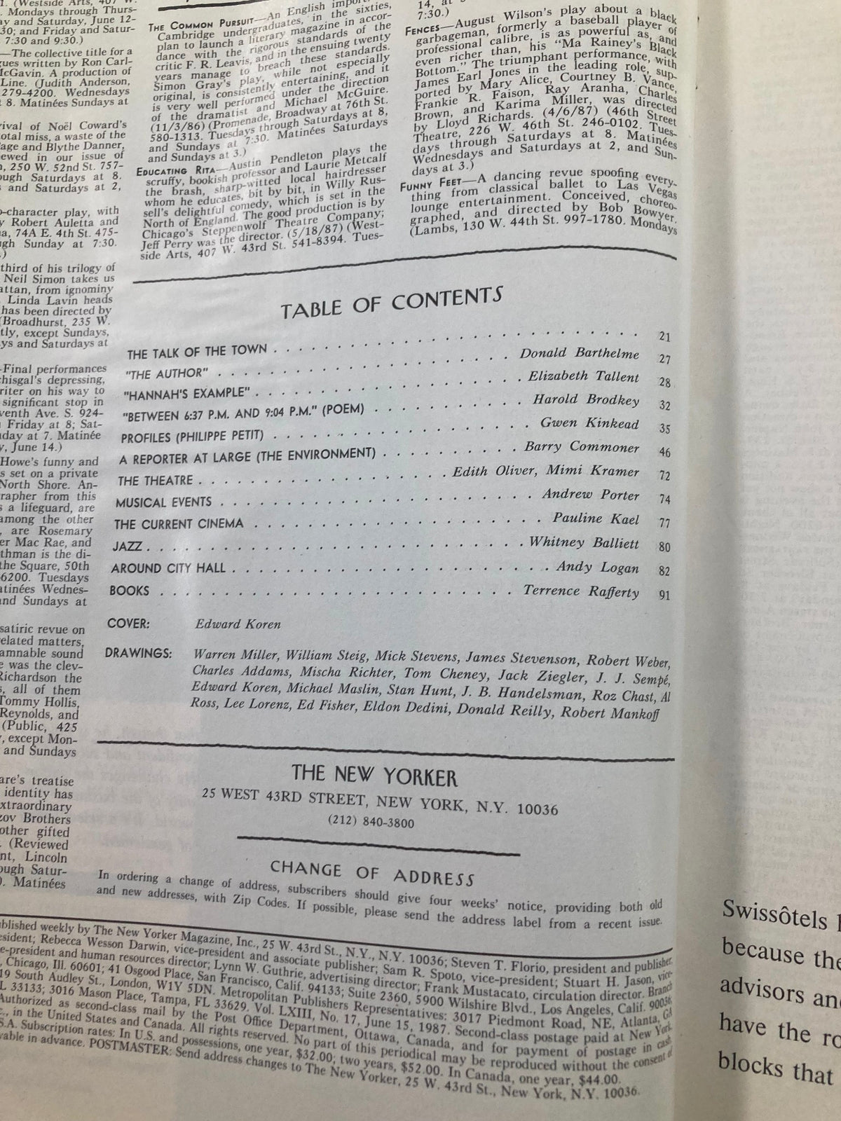 Inside page of The New Yorker Full Magazine June 15 1987 showing the Table of Contents, featuring articles and drawings attributed to Edward Koren.