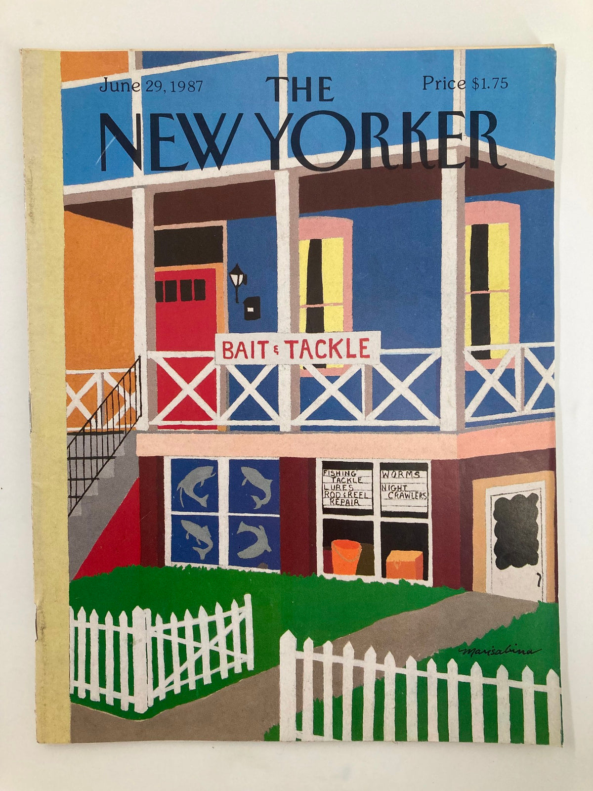 The New Yorker Full Magazine June 29 1987 cover art titled 'Bait & Tackle' by Marisabina Russo, showcasing a colorful illustration of a bait and tackle shop.