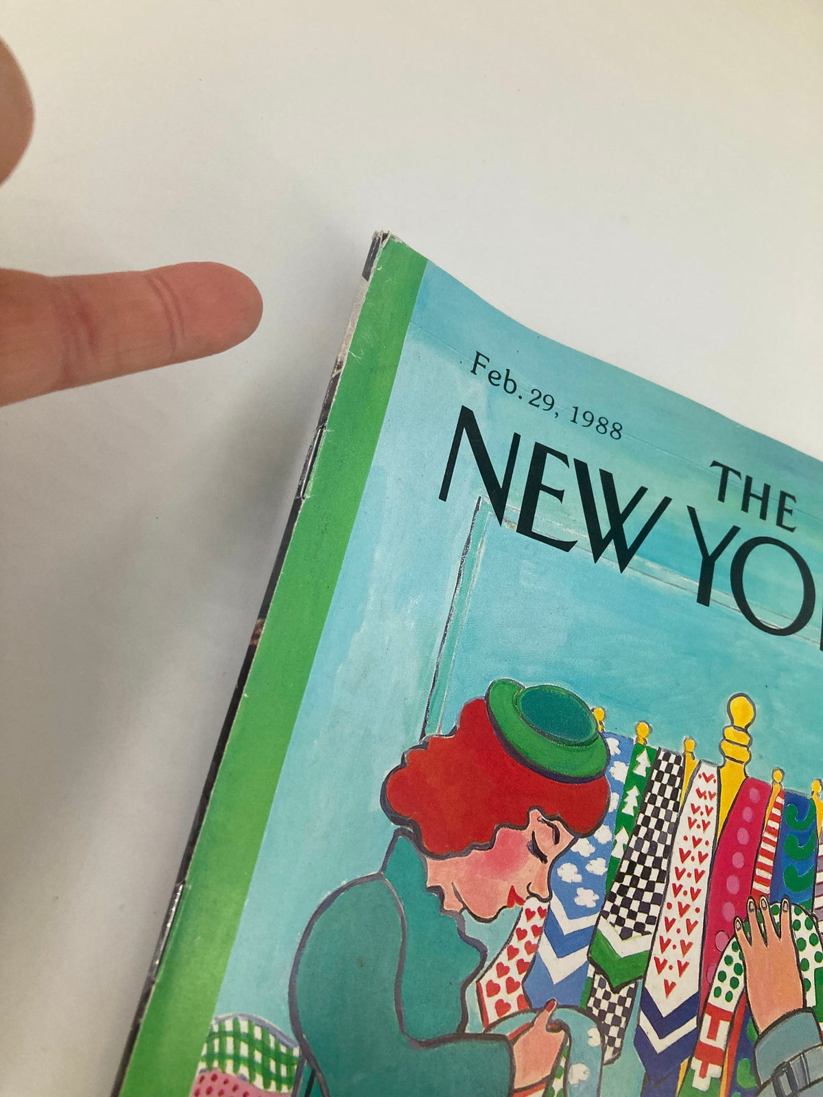 A close-up of the top corner of The New Yorker Full Magazine February 29 1988, highlighting the vibrant necktie illustration by Barbara Westman along with the date and publication details.
