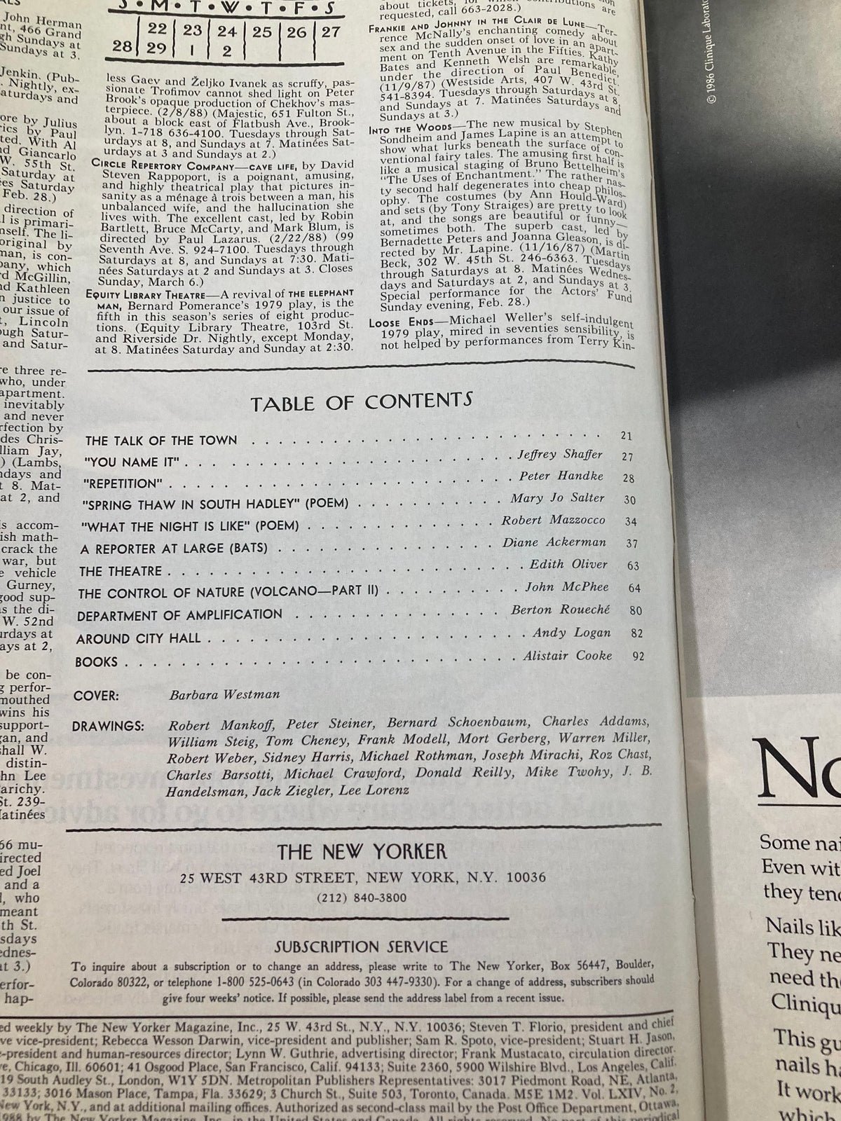 The table of contents from The New Yorker Full Magazine February 29 1988, listing various articles and features including the cover by Barbara Westman.
