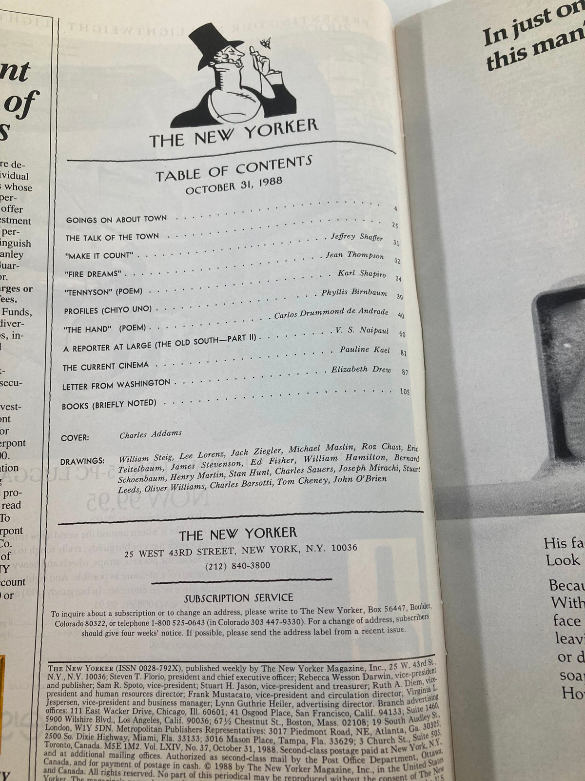 Table of contents page for The New Yorker, dated October 31, 1988, listing articles and features, with a cover attribution to Charles Addams.