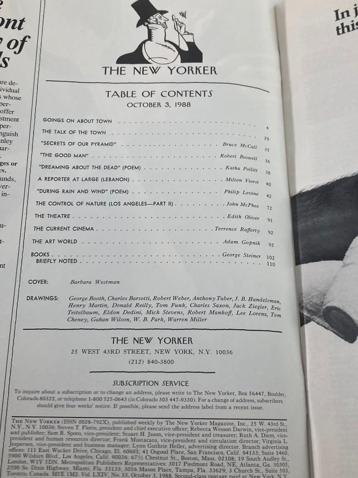 Table of contents for The New Yorker Full Magazine October 3 1988, listing articles and contributors including the featured work "Popcorn Please" by Barbara Westman.