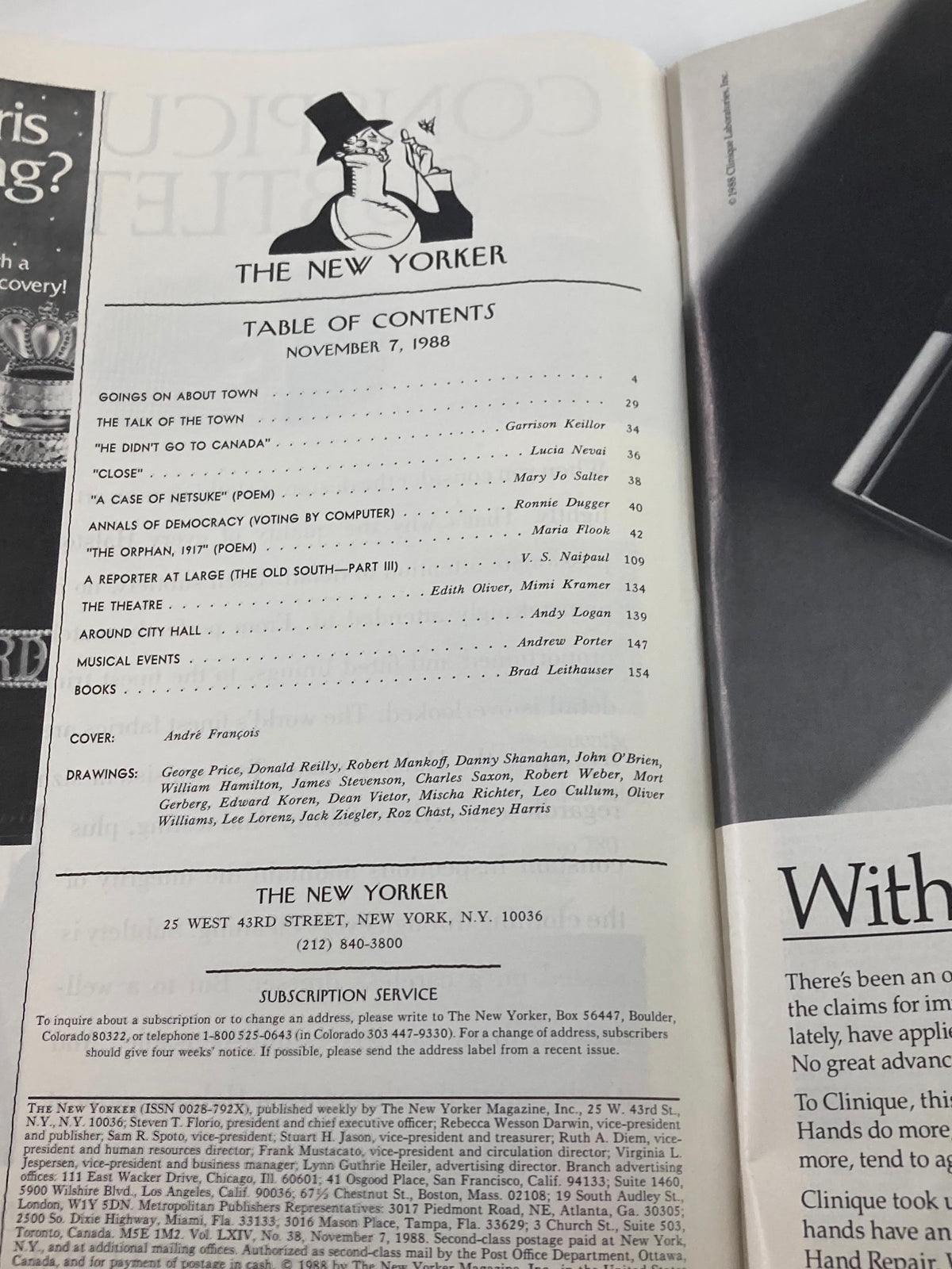 The New Yorker Full Magazine November 7 1988 Table of Contents highlighting various articles and sections.