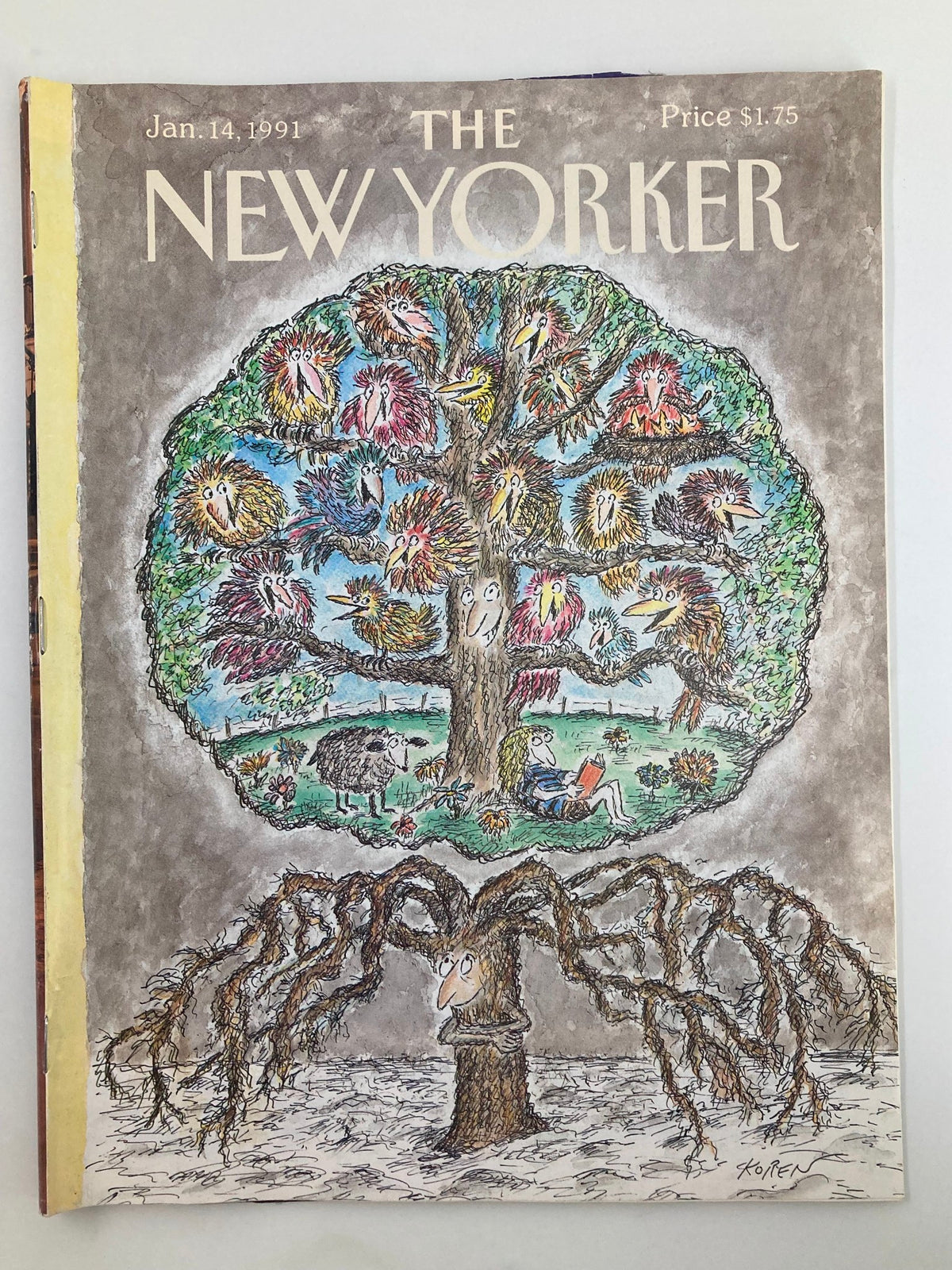 The New Yorker Full Magazine January 14 1991 cover featuring 'Tree of Life' illustrated by Edward Koren, showcasing a whimsical tree filled with colorful birds and a cartoonist's whimsical touch.