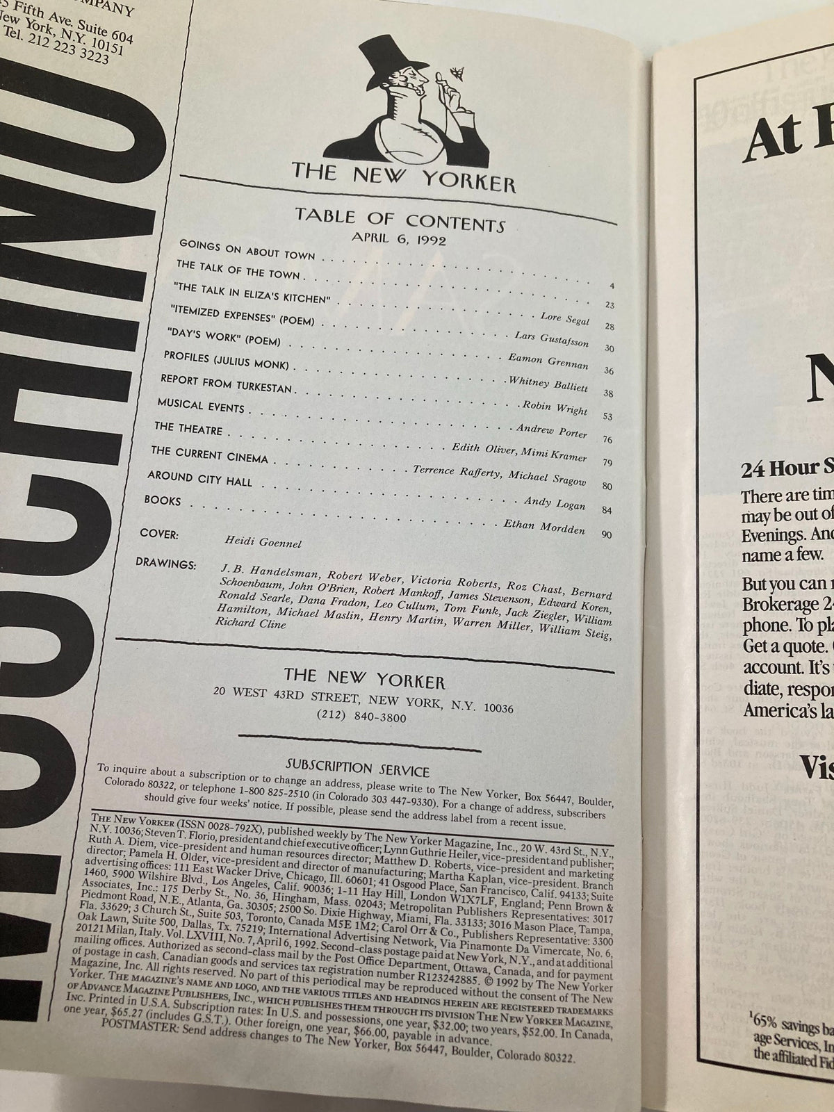 Table of contents of The New Yorker Full Magazine April 6, 1992 displaying article titles and contributors, highlighting the publication's diverse content.