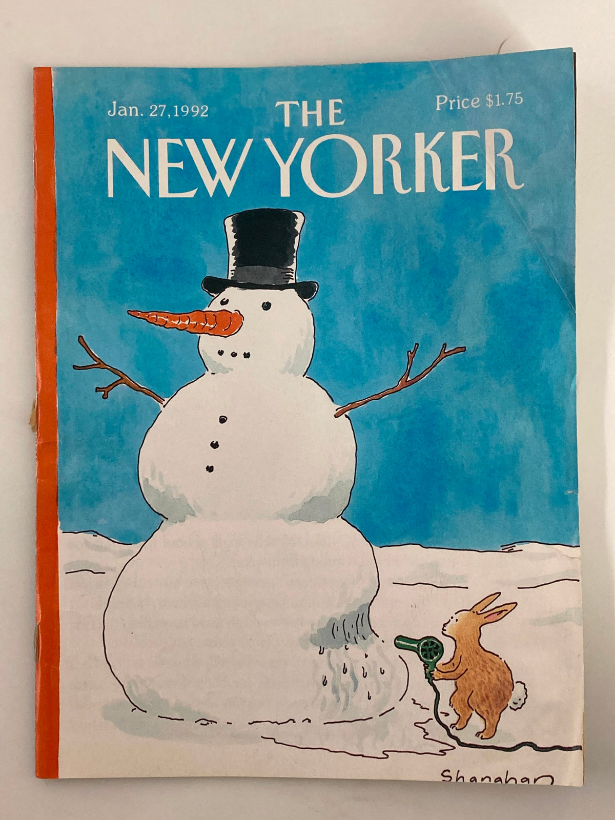 Cover of The New Yorker magazine January 27, 1992, featuring the playful illustration titled 'Bunny Melts Snowman' by D. Shanahan, depicting a snowman with a top hat and a bunny using a hairdryer.