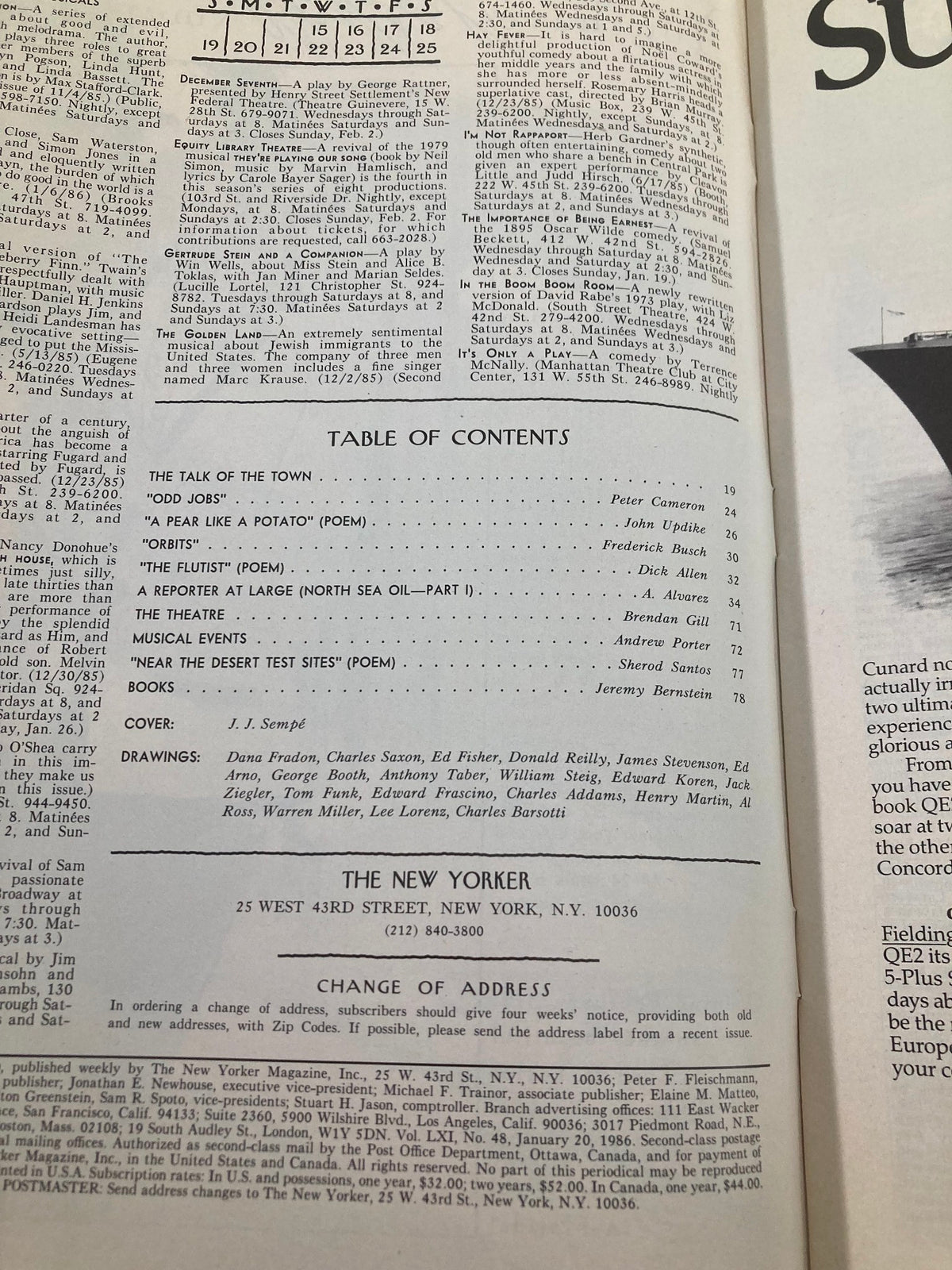 Table of Contents from The New Yorker magazine, January 20, 1986, featuring articles on jazz music and illustrations by Jean-Jacques Sempé.