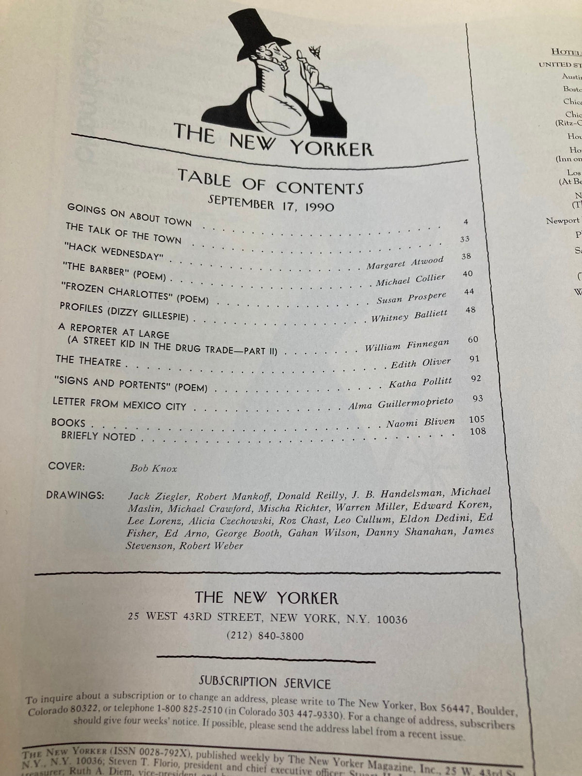 Table of contents page from The New Yorker Full Magazine September 17, 1990, listing articles, poems, and features including cover art by Bob Knox.