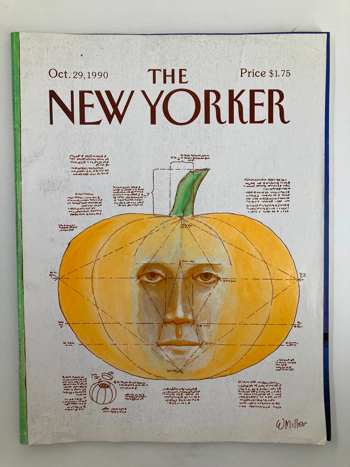 The New Yorker Full Magazine October 29 1990 featuring Warren Miller's Pumpkin Head cover art showcasing a pumpkin illustration with a face and sketches, highlighting the magazine's artistic legacy.