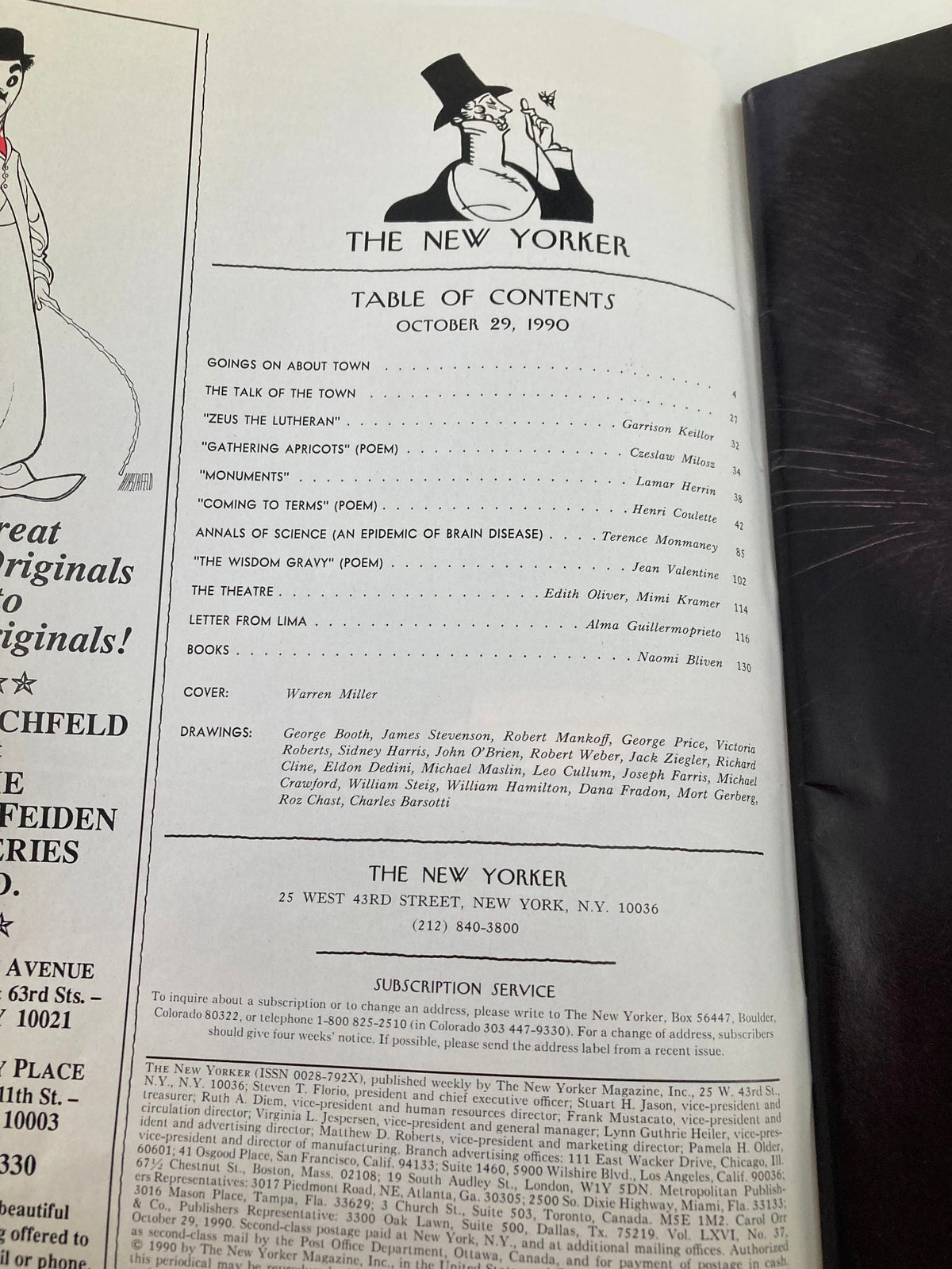 The New Yorker Full Magazine October 29 1990 Table of Contents page listing articles and features, including the cover art by Warren Miller, underlining the magazine's cultural significance and content.