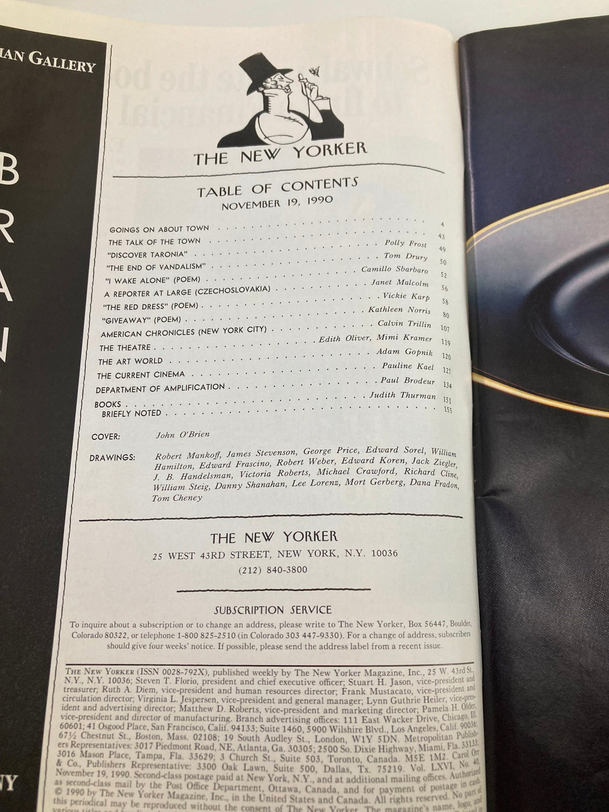 The contents page of The New Yorker magazine dated November 19, 1990, listing various articles and features along with a drawing by J. O'Brien.