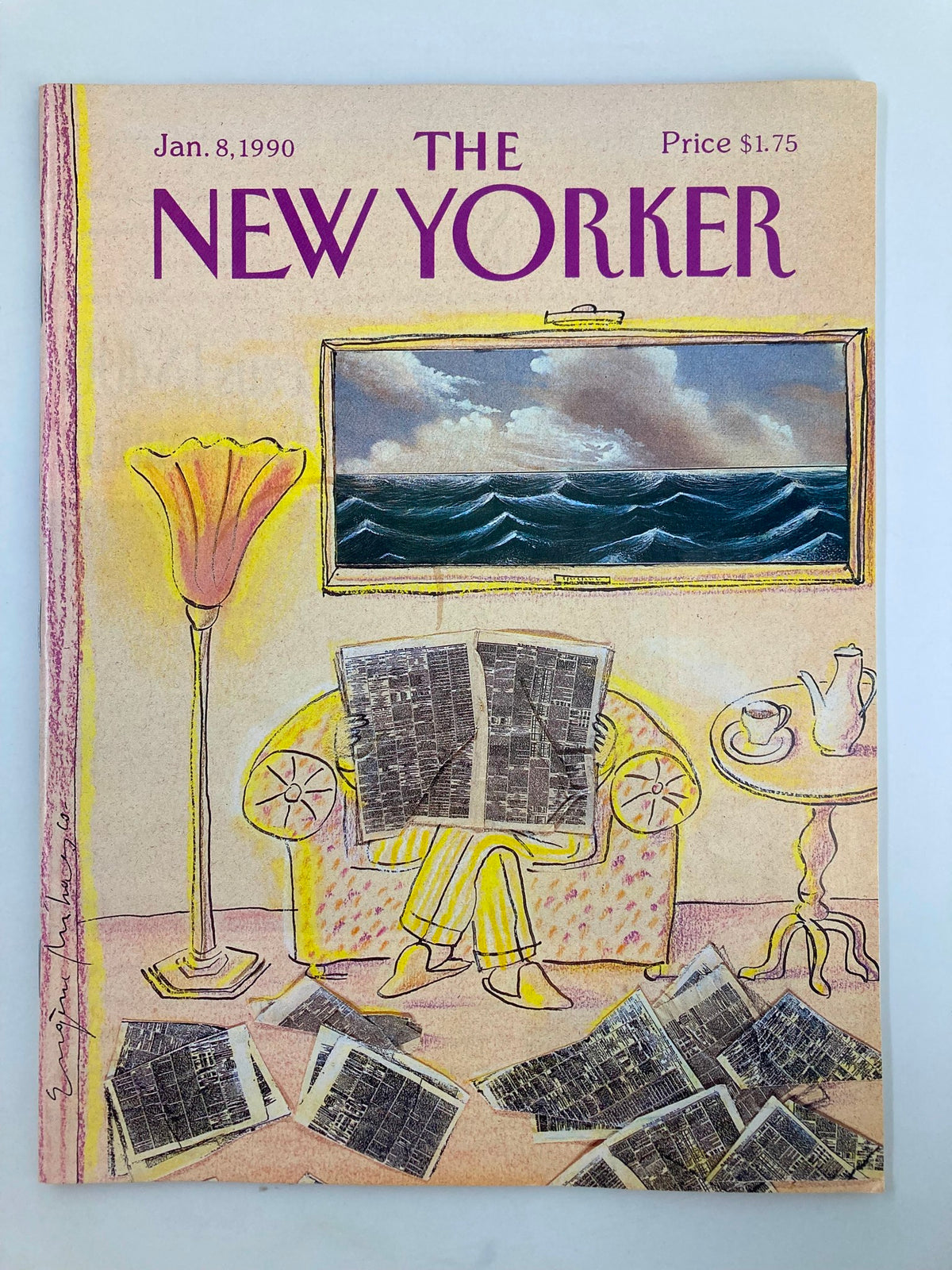 The New Yorker Full Magazine January 8 1990 cover featuring distinctive artwork by Eugene Mihaesco, illustrating a cozy living room scene with a figure reading a newspaper.