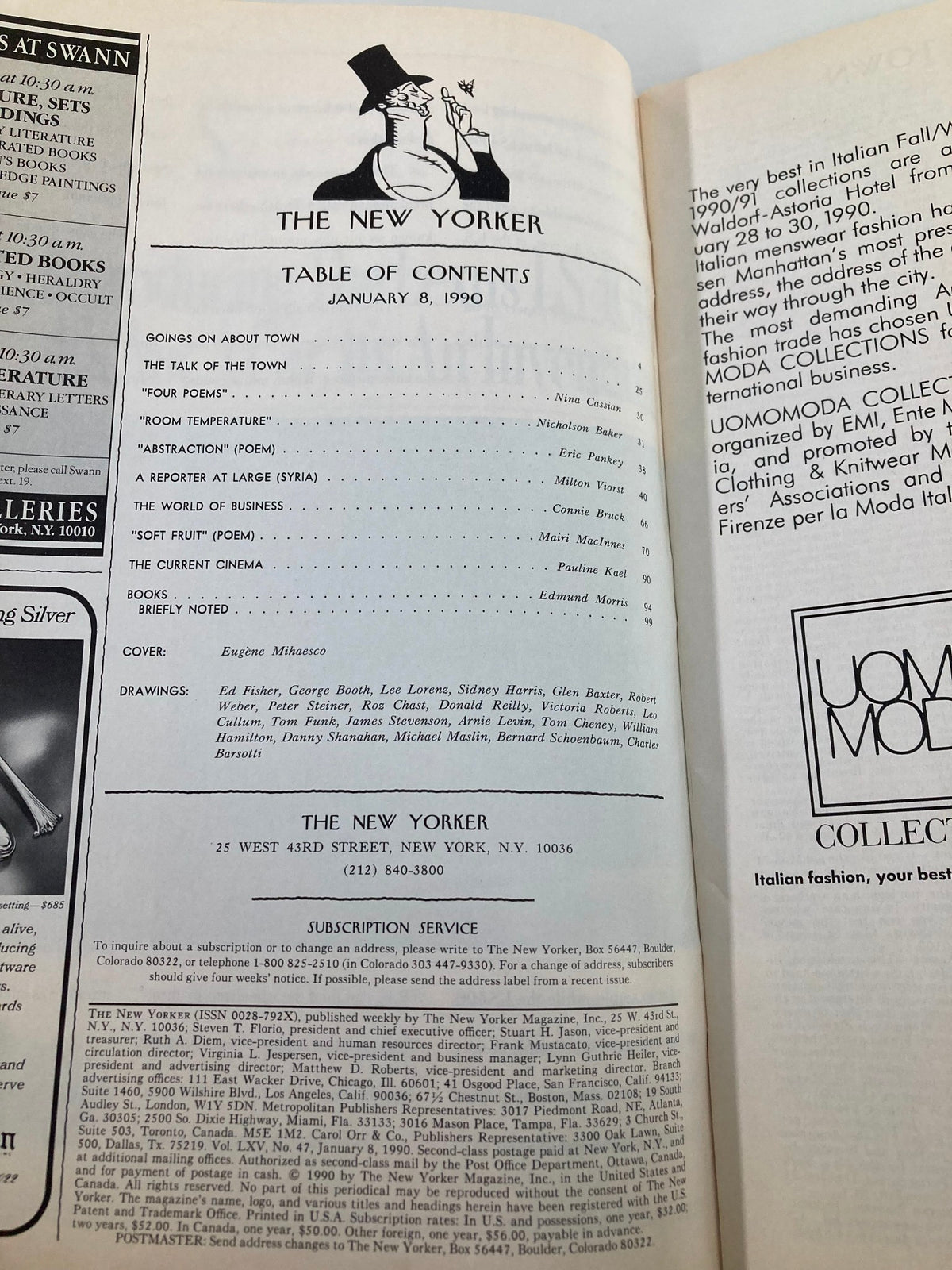 The New Yorker Full Magazine January 8 1990 table of contents page showcasing details of the magazine's articles and contributions, including cover art by Eugene Mihaesco.