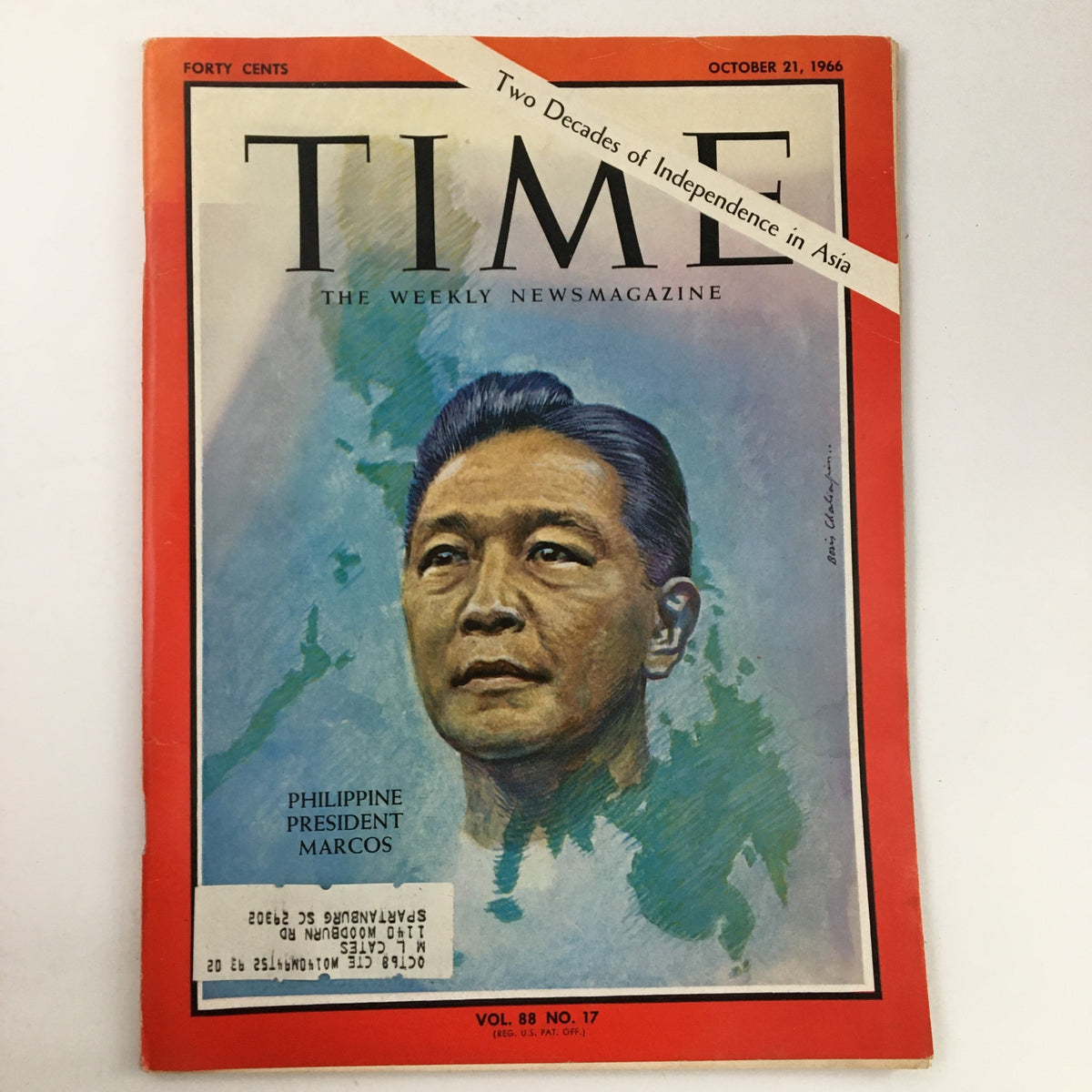 Time Magazine cover from October 21, 1966, featuring Philippine President Ferdinand Marcos, Vol. 88 No. 17, depicting a portrait of Marcos with a colorful background and the headline 'Two Decades of Independence in Asia'.