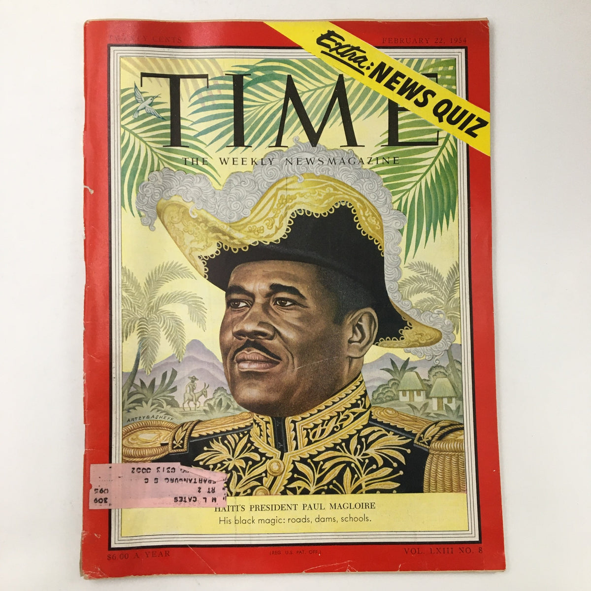 Time Magazine February 22, 1954, Vol. 63 No. 8 featuring Haiti's President Paul Magloire on the cover, showcasing a beautifully illustrated portrait against a tropical background, highlighting historical significance.