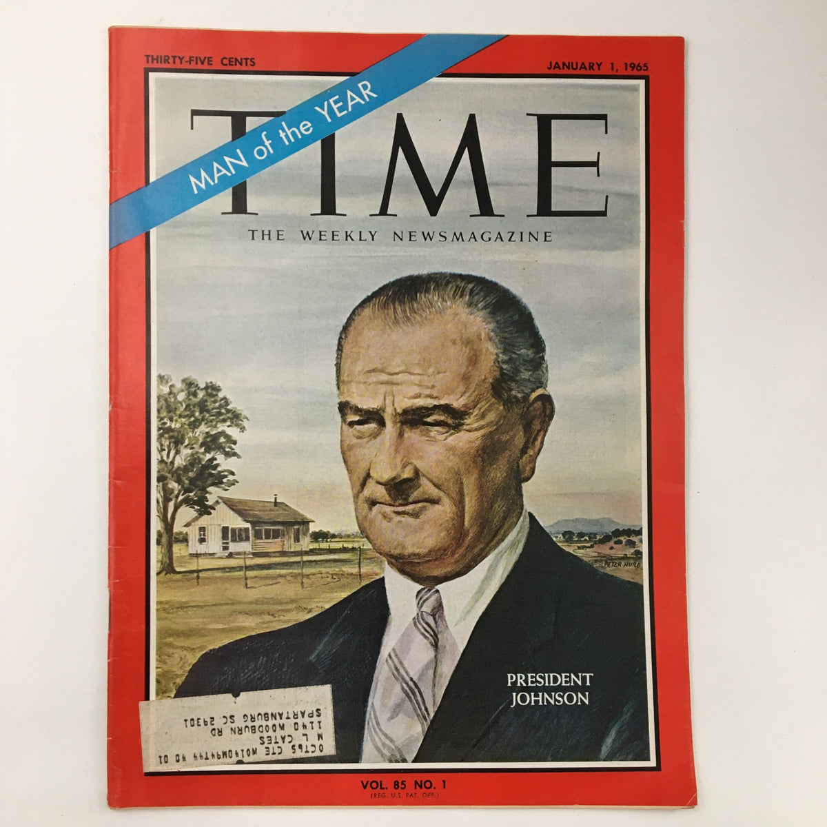 Time Magazine January 1 1965 Vol. 85 No. 1 featuring President Lyndon B. Johnson as Man of the Year, showcasing an illustration of Johnson on the cover with a bright red border and the title prominently displayed.