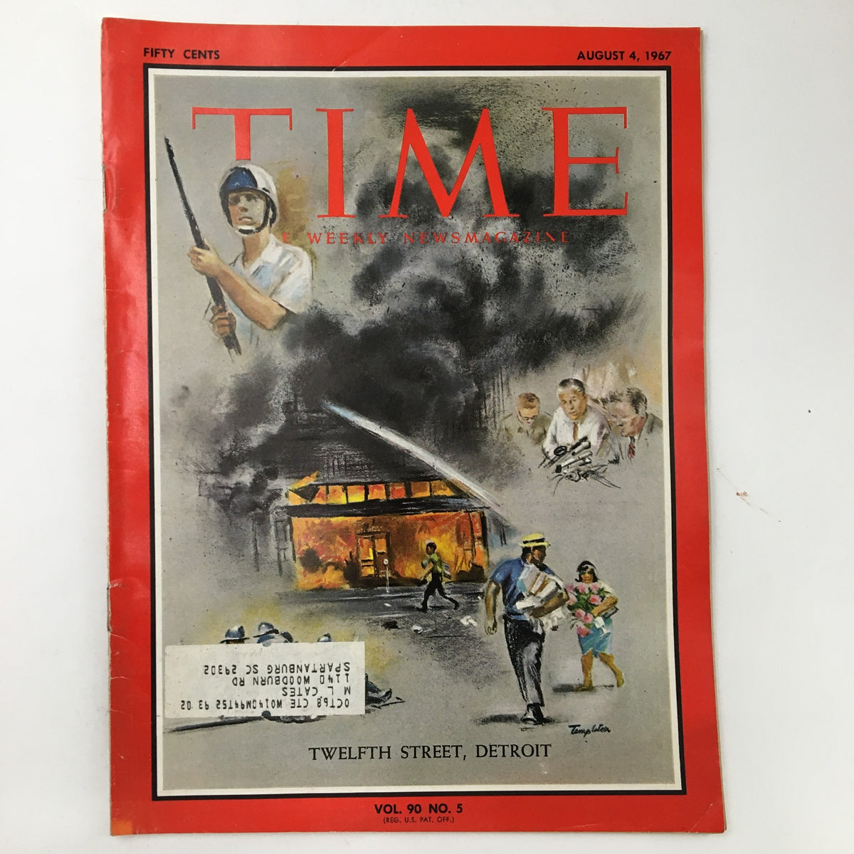 Cover of Time Magazine August 4 1967, Vol. 90 No. 5, featuring illustrations related to the Twelfth Street Detroit Riot, showcasing a depiction of civil unrest.