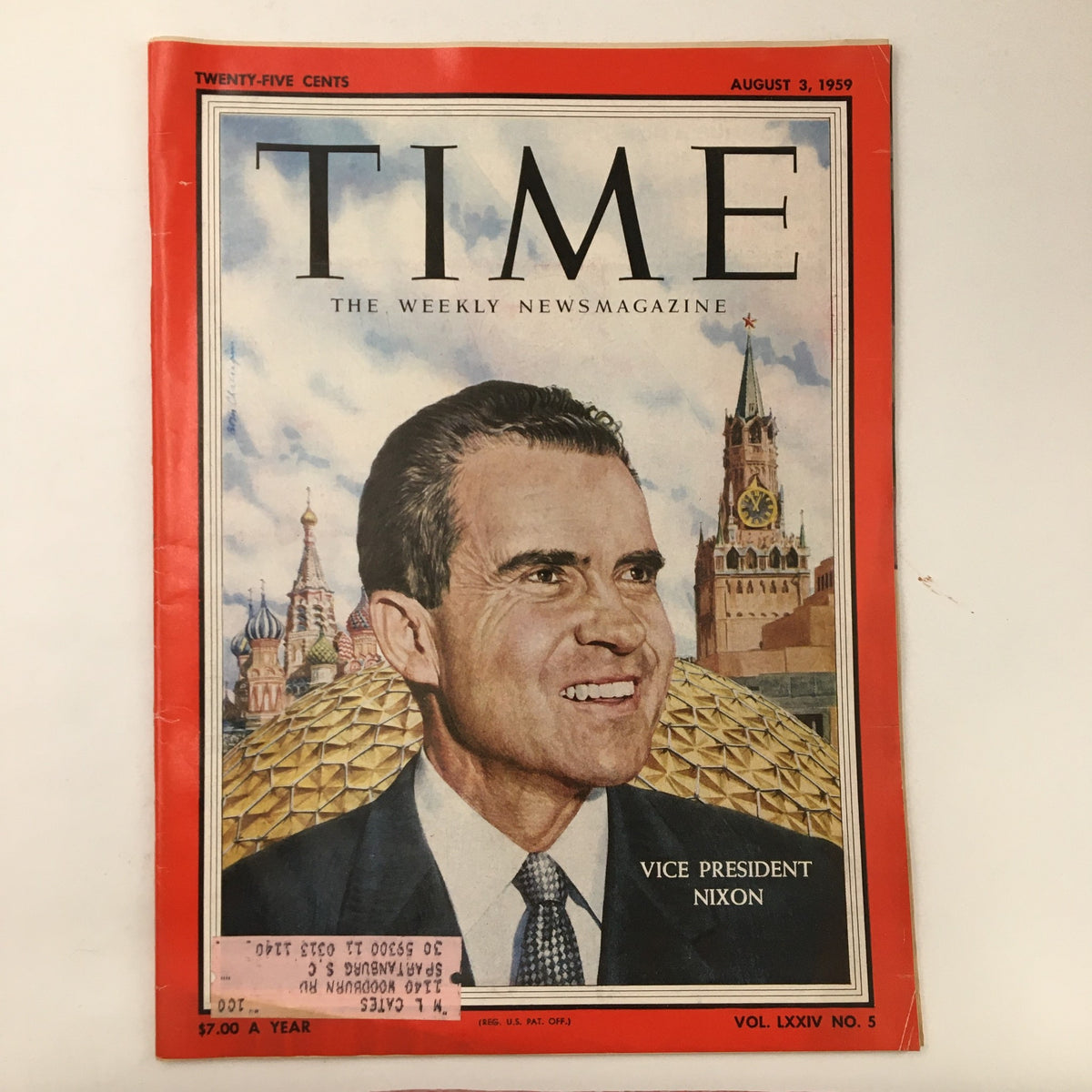Cover of Time Magazine August 3 1959 featuring Vice President Richard Nixon, showcasing an illustration of Nixon against a historic background.