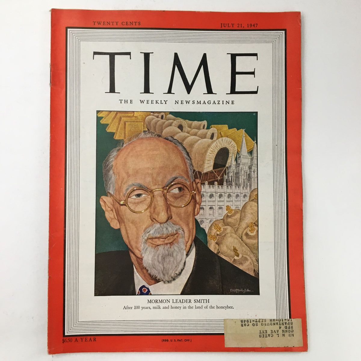 Time Magazine cover dated July 21, 1947, featuring Mormon leader Joseph Smith, showcasing an illustration of Joseph Smith against a backdrop of historical imagery related to the Church of Jesus Christ of Latter-day Saints.
