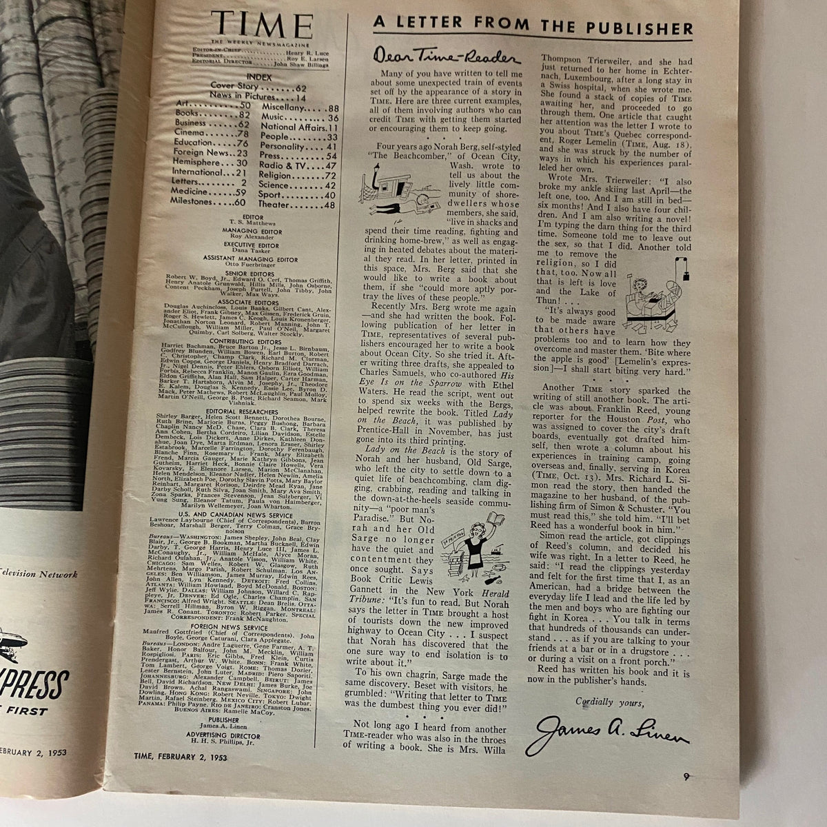 Inside page of VTG Time Magazine February 2, 1953, featuring a letter from the publisher, including details on magazine contents and editorial insights.