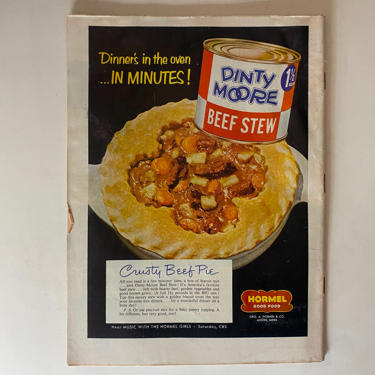 Back cover of VTG Time Magazine February 2, 1953 featuring advertisement for Dinty Moore Beef Stew and a delicious crusty beef pie recipe, highlighting mid-century culinary promotions.