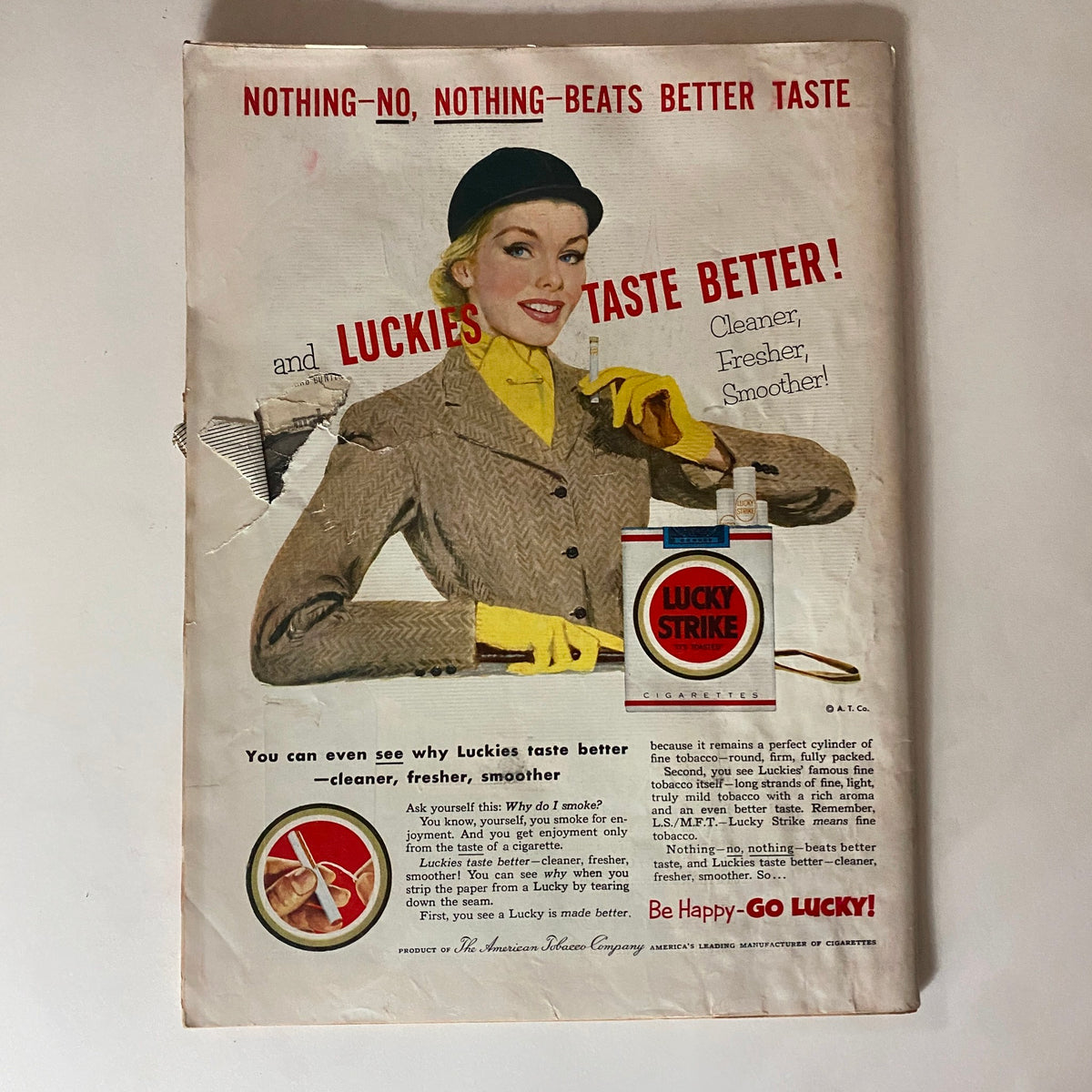 Back cover of VTG Time Magazine May 4, 1953 featuring an advertisement for Lucky Strike cigarettes, portraying a fashionable woman promoting the product.