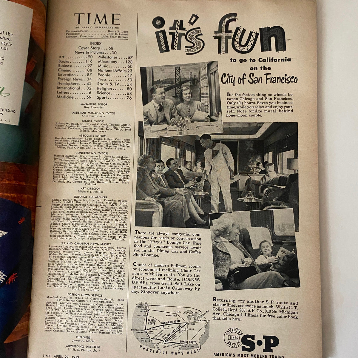 Inside of VTG Time Magazine April 27, 1953, displaying magazine index and advertisements, highlighting mid-20th-century aesthetics and cultural references.