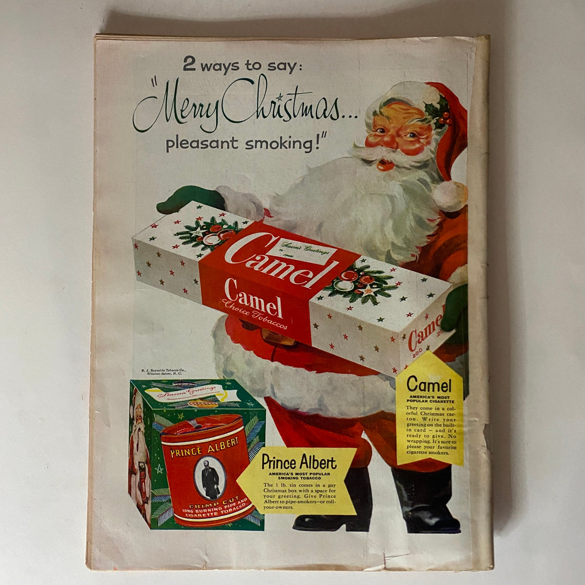 Vintage Time Magazine cover featuring Santa Claus promoting Camel and Prince Albert tobacco, December 15, 1952, Vol 60 No. 24.