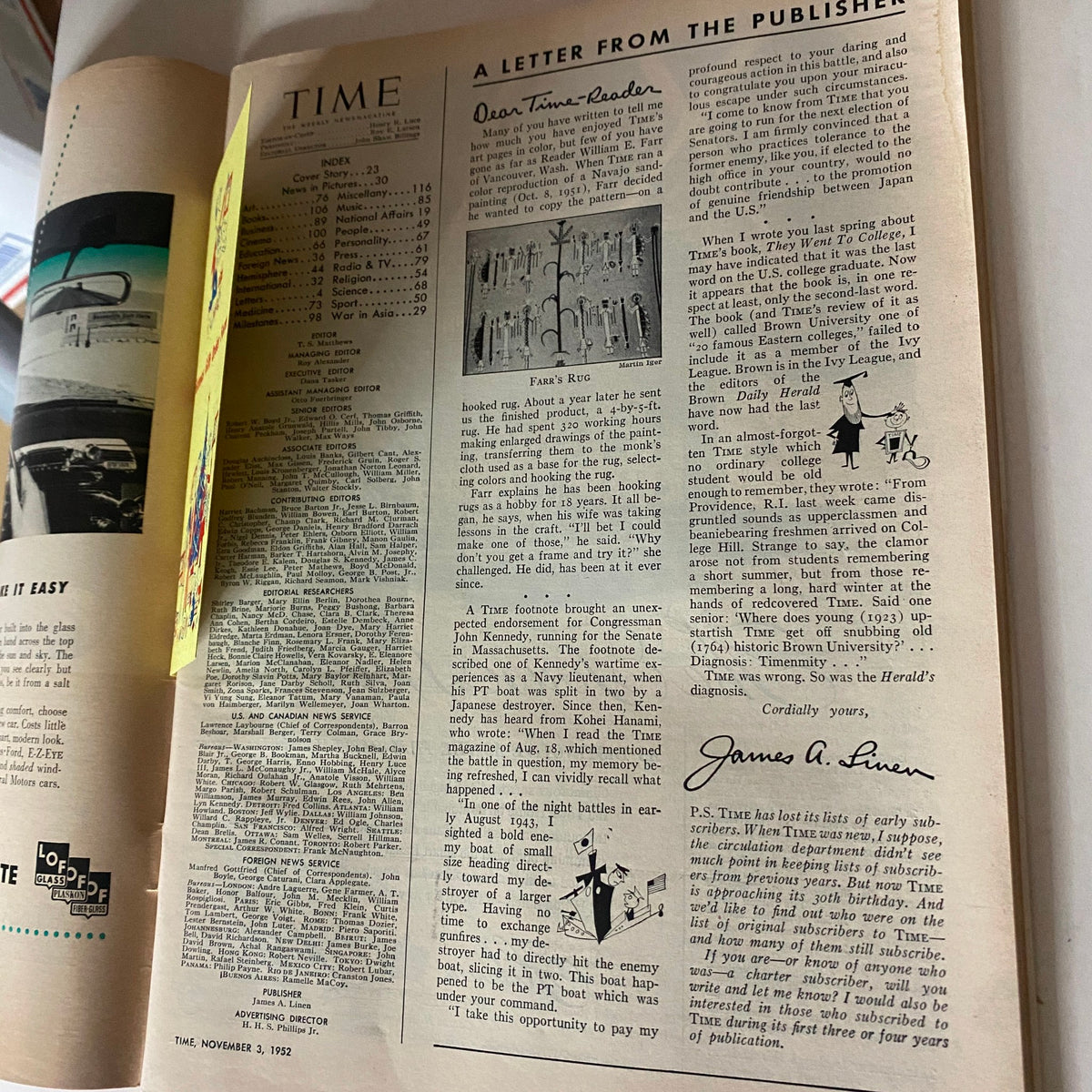Inside page of VTG Time Magazine November 3, 1952, showcasing a letter from the publisher, alongside a table of contents with articles relevant to the era.