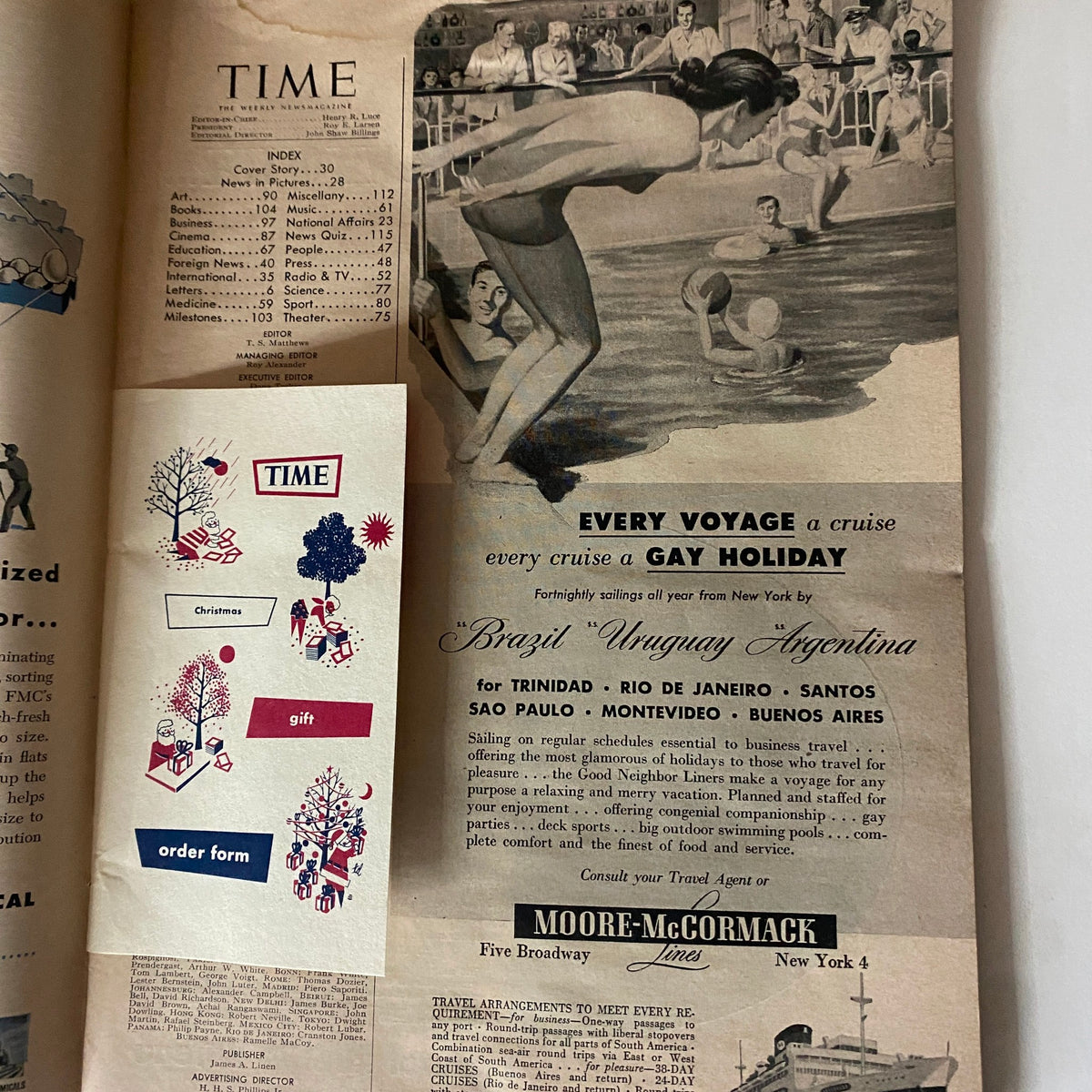 Page from VTG Time Magazine October 27, 1952 Vol 60 No. 17 featuring index and advertisement for cruise vacations to Brazil, Uruguay, and Argentina.