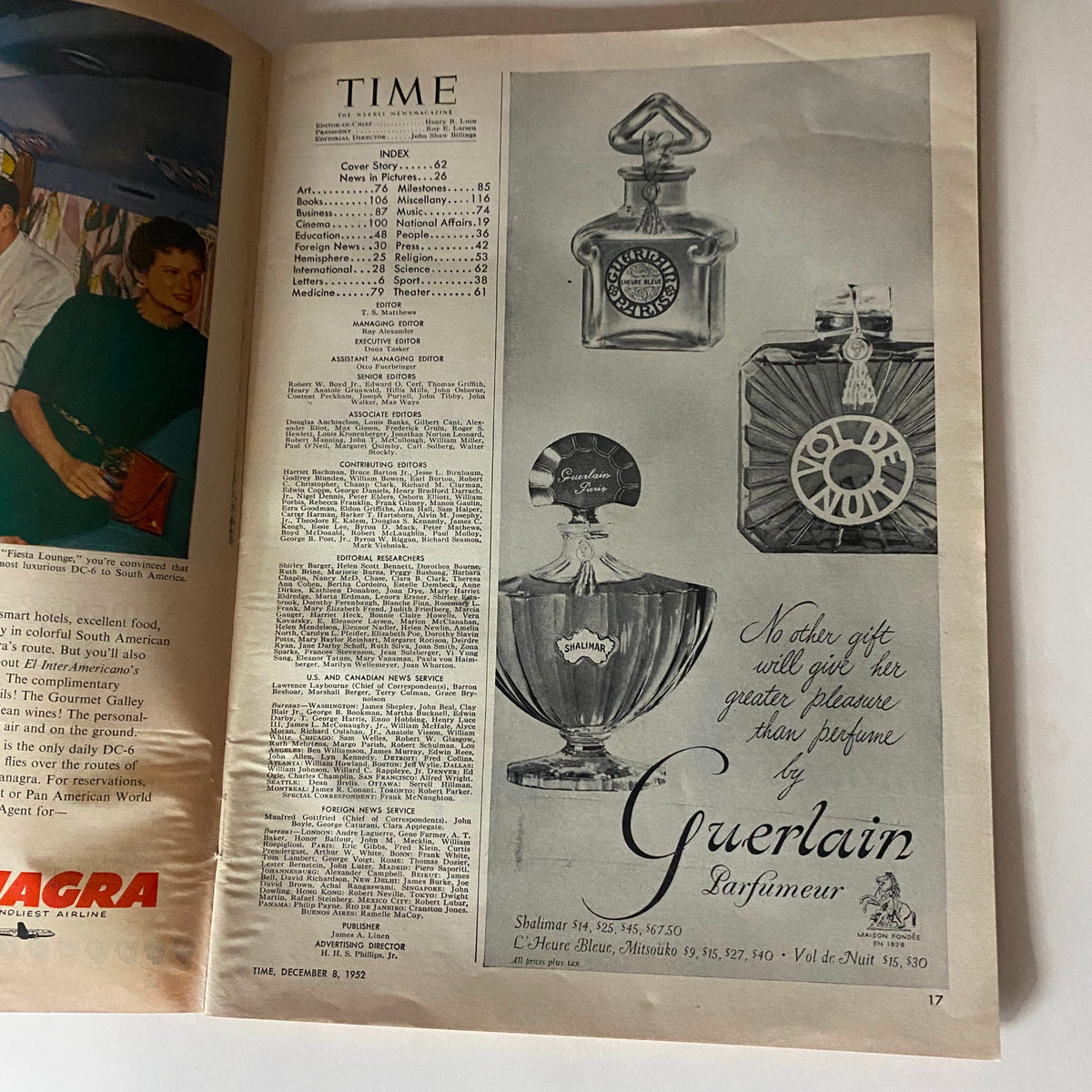 Interior page of VTG Time Magazine December 8, 1952 Vol 60 No. 23 featuring an advertisement for Guerlain perfume along with the magazine's index and editorial staff.