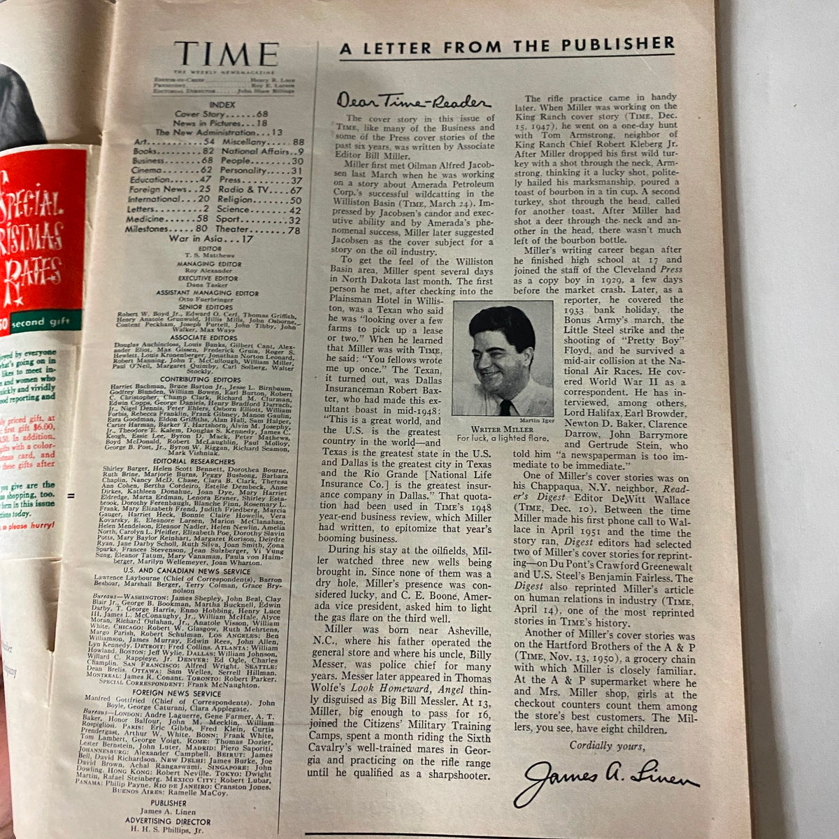 Inside page of VTG Time Magazine December 1, 1952 Vol 60 No. 22 displaying a letter from the publisher and an editorial index.