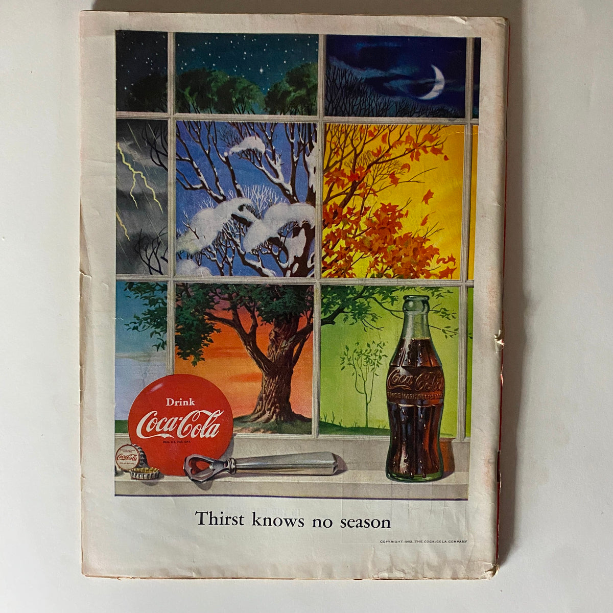 Back cover of VTG Time Magazine November 24, 1952 featuring a Coca-Cola advertisement with vibrant seasonal imagery.